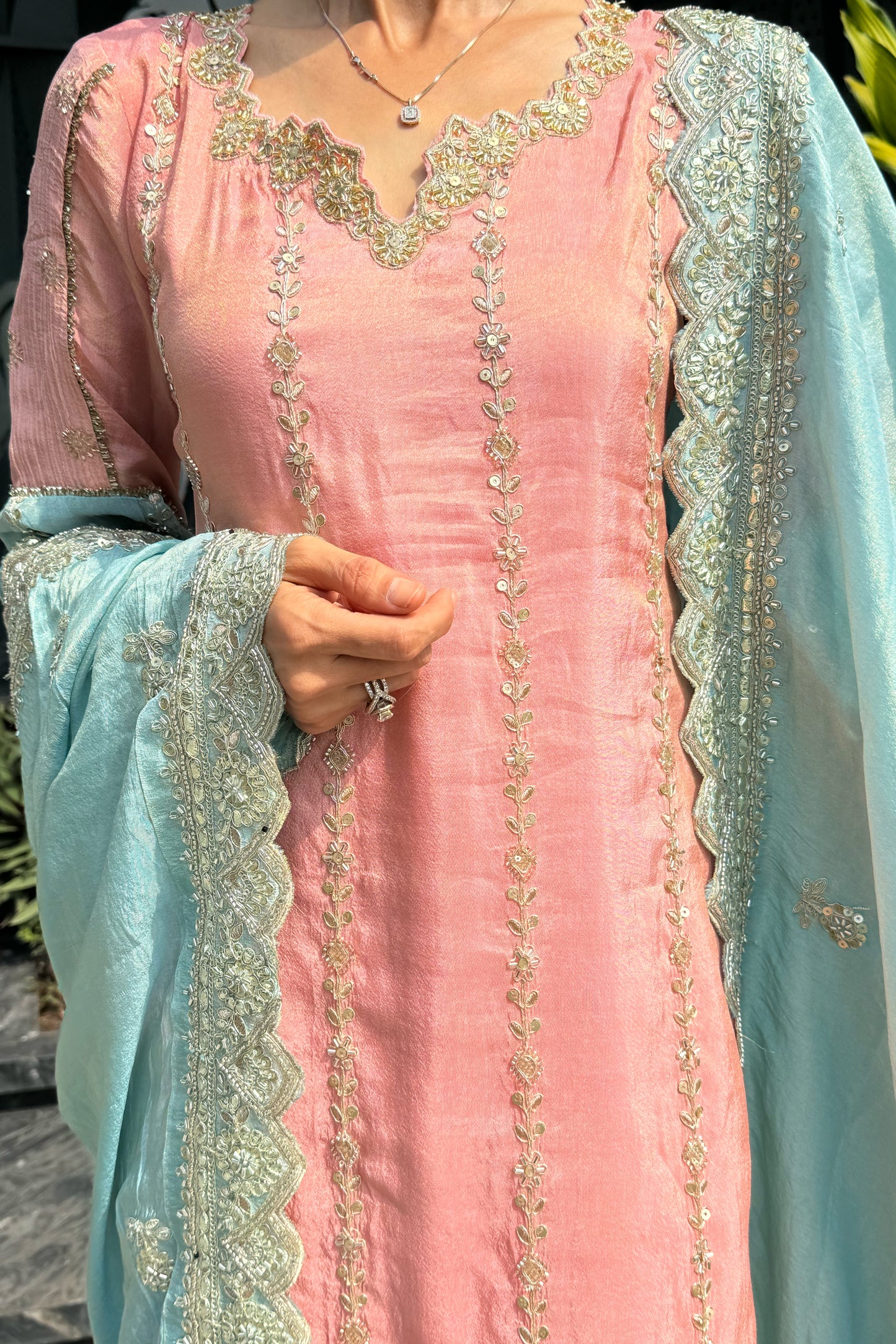 Tissue Suit Set with Handworked Neckline & Heavy Embroidered Border