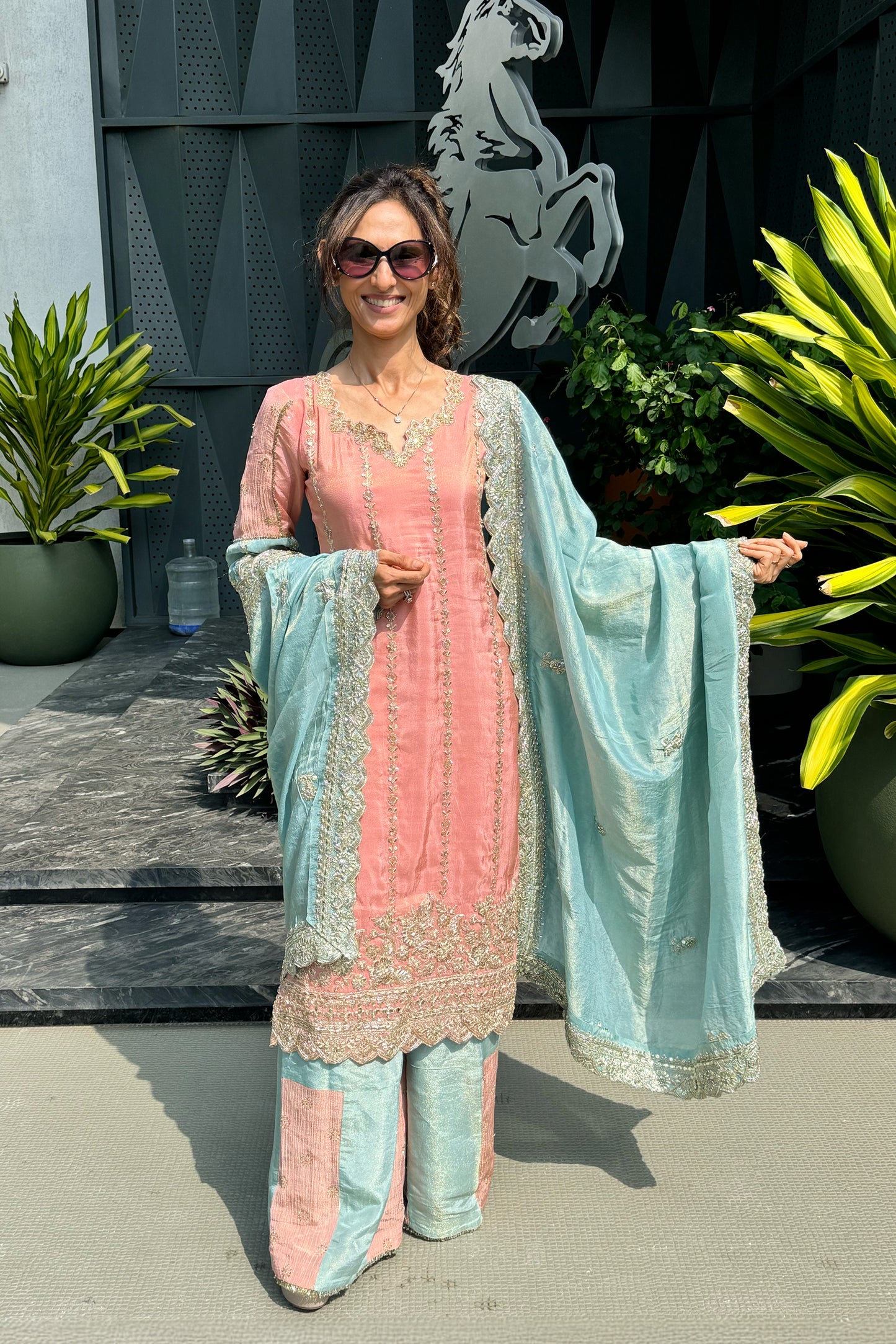 Tissue Suit Set with Handworked Neckline & Heavy Embroidered Border