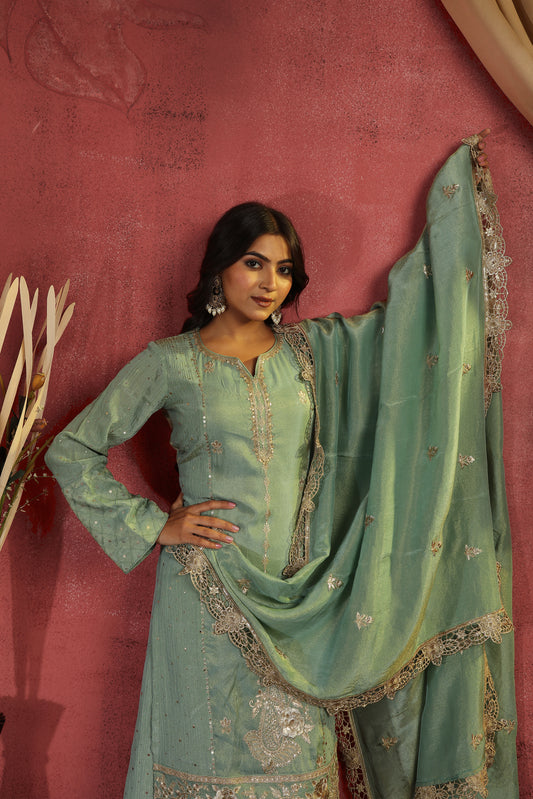 Green Cutwork and Zari Tissue Dupatta