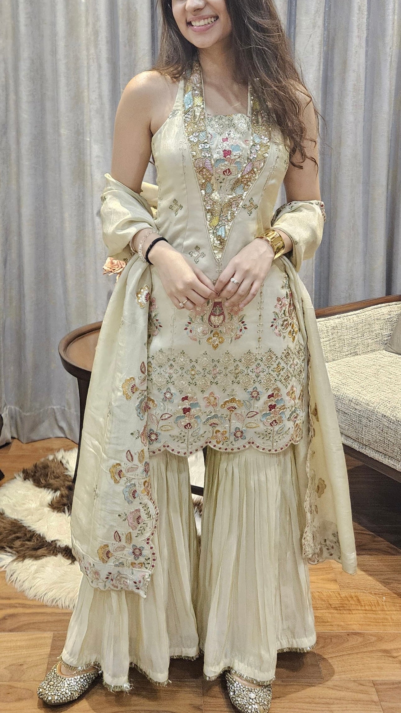 Multicolor Embroidered Handworked Tissue Suit