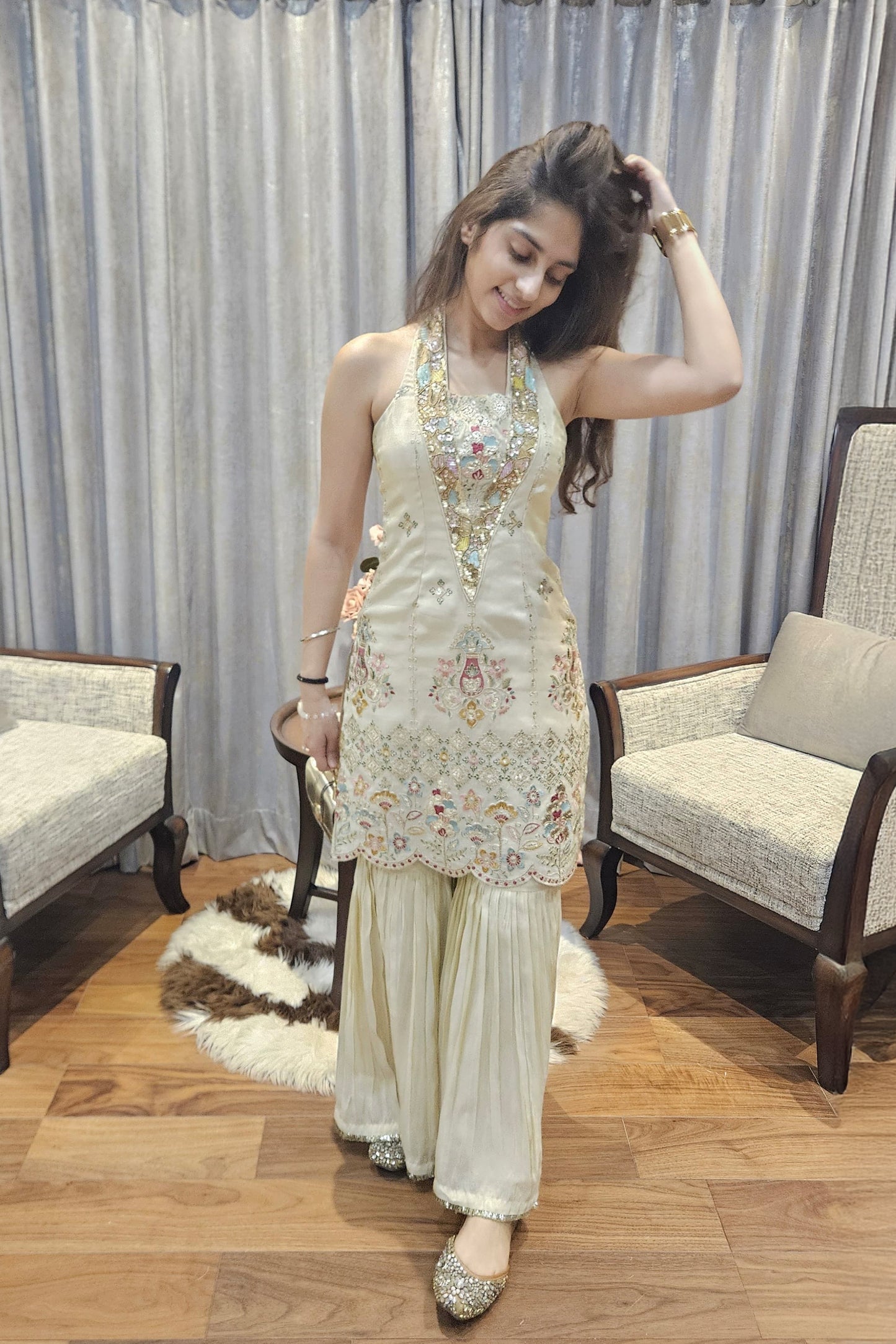 Multicolor Embroidered Handworked Tissue Suit