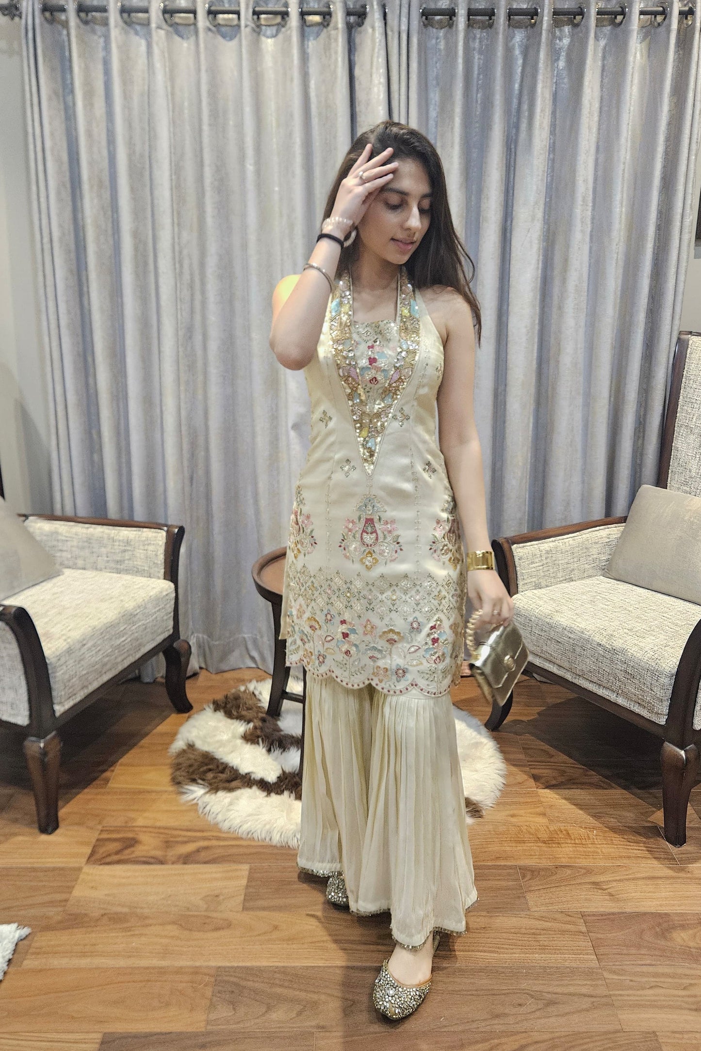 Multicolor Embroidered Handworked Tissue Suit