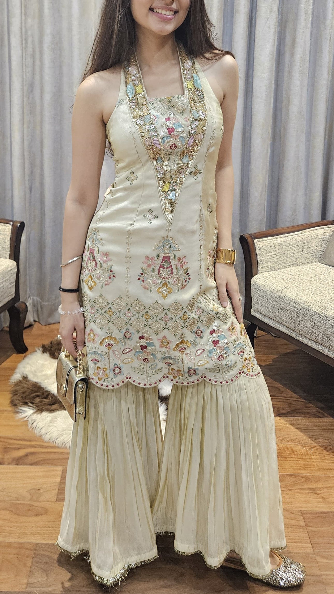 Multicolor Embroidered Handworked Tissue Suit