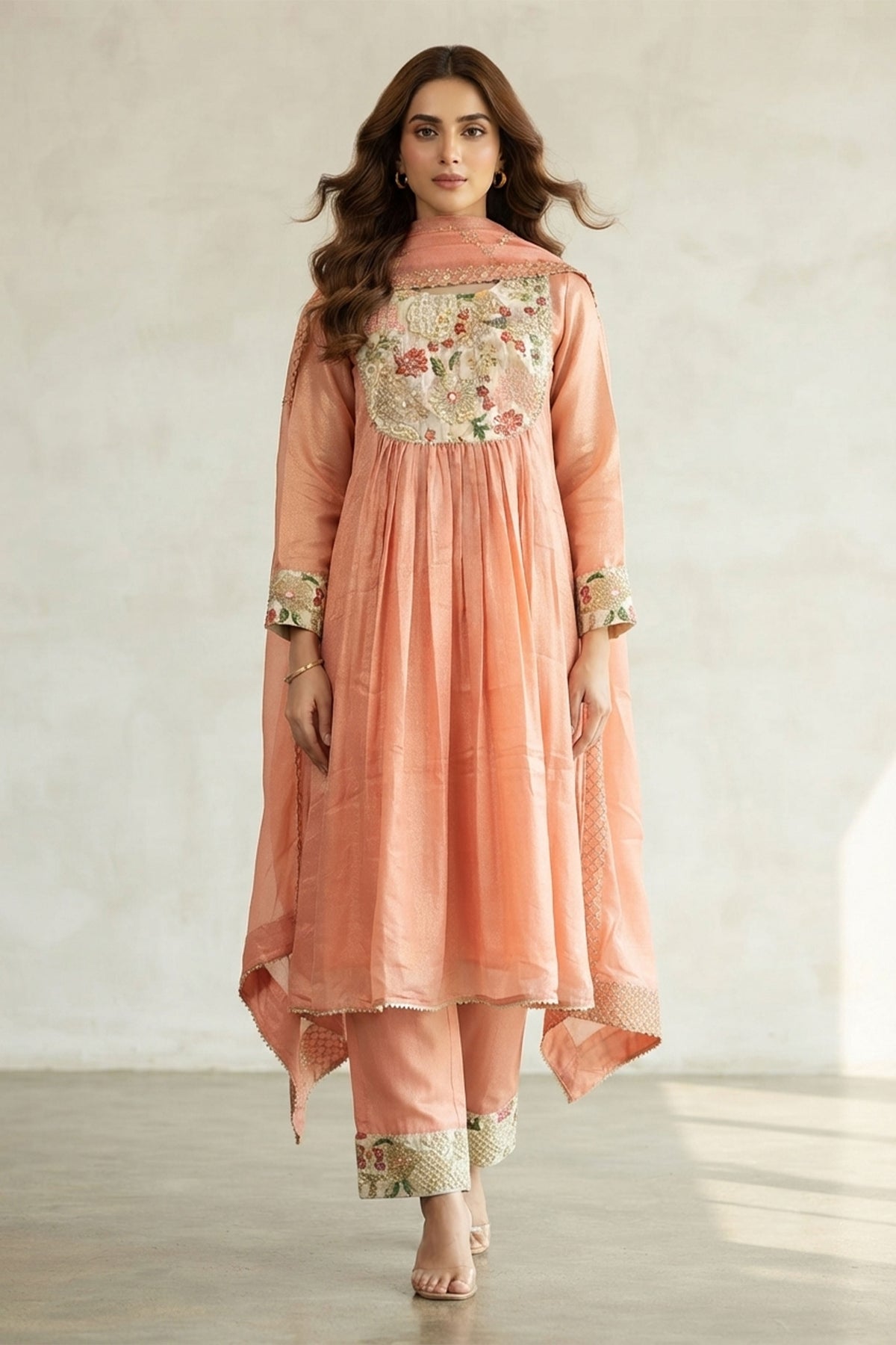 Peach Shimmer Tissue Anarkali Suit Set