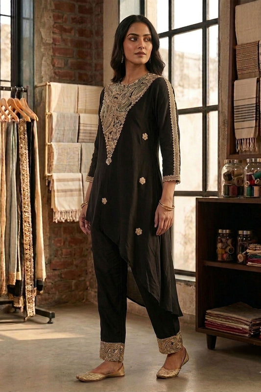 Black Crepe Asymmetric Suit Set
