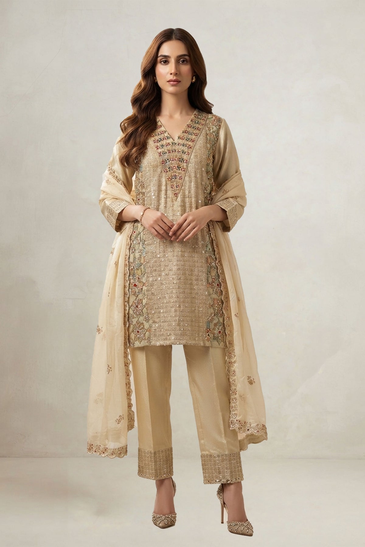 Golden Tissue Sequin & Floral Suit Set