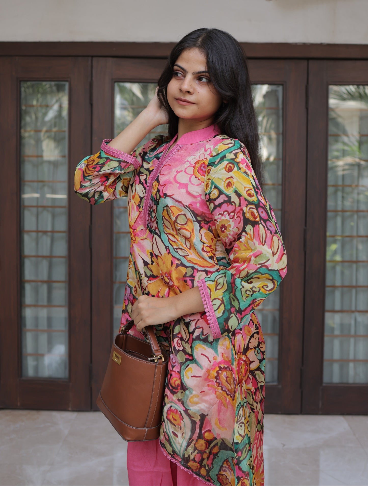 Pink Abstract Floral Asymmetric Co-ord Set