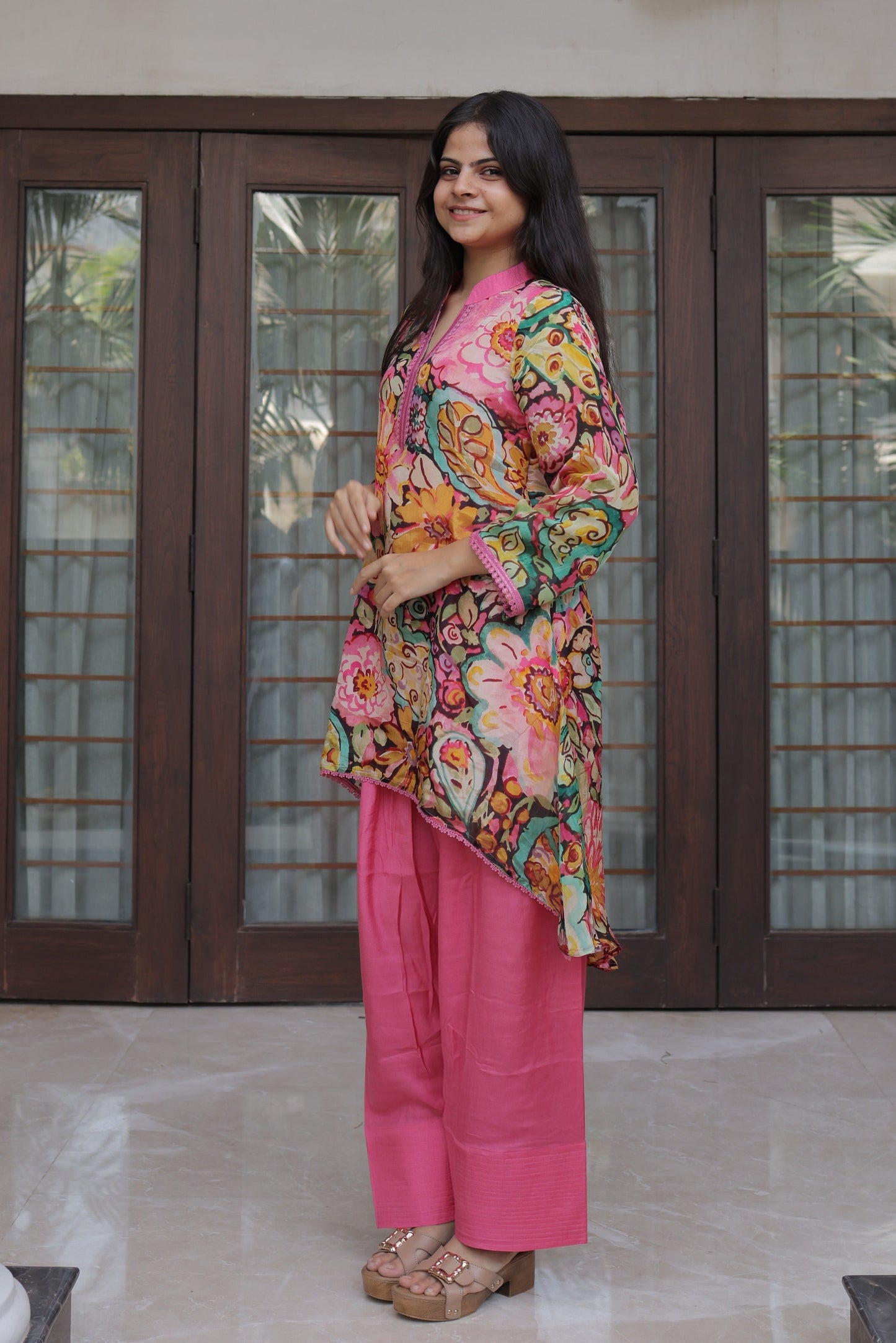Pink Abstract Floral Asymmetric Co-ord Set