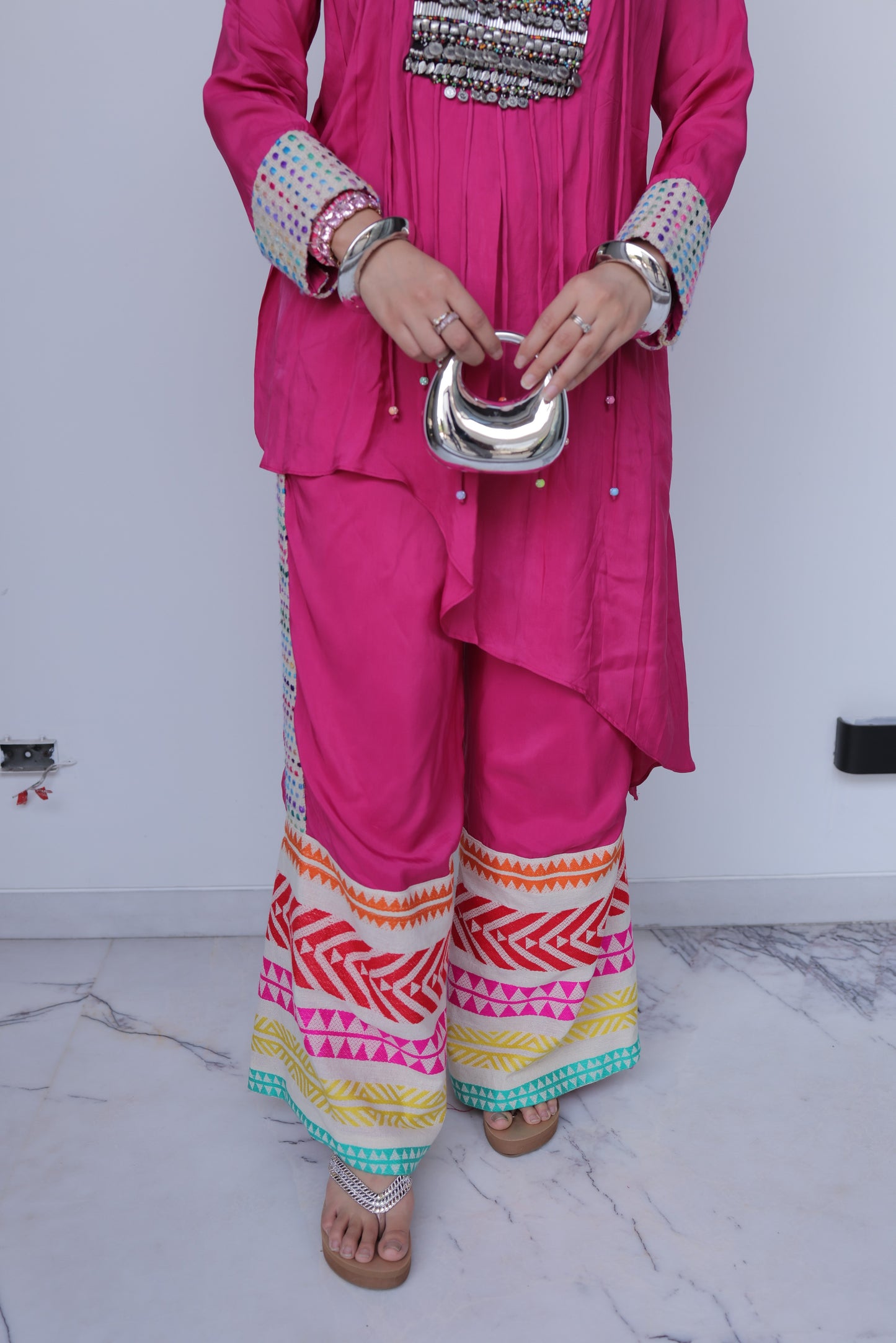 Pink Handworked Pleated Co-ord Set with Multi-color, abstract patterned woven border