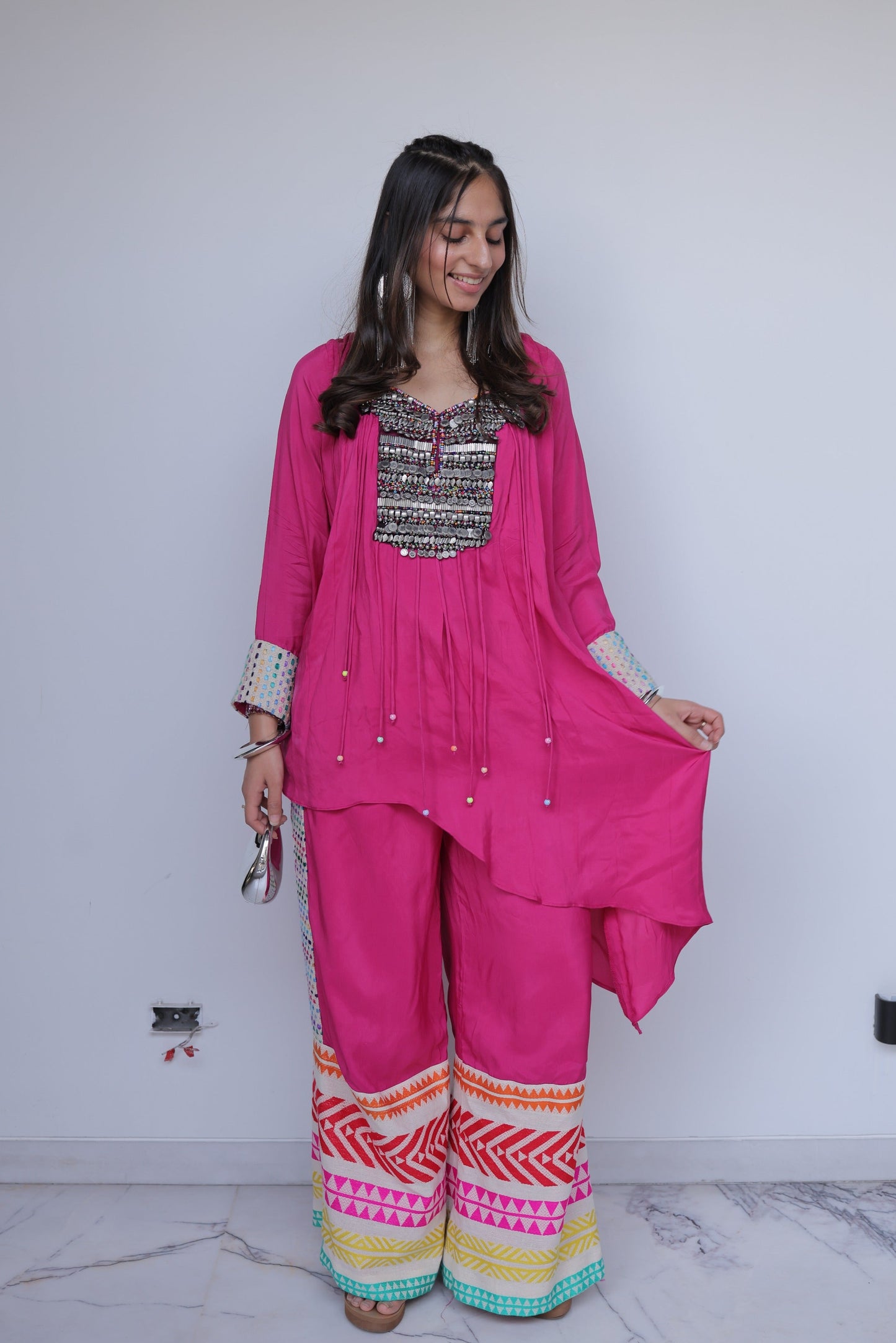 Pink Handworked Pleated Co-ord Set with Multi-color, abstract patterned woven border