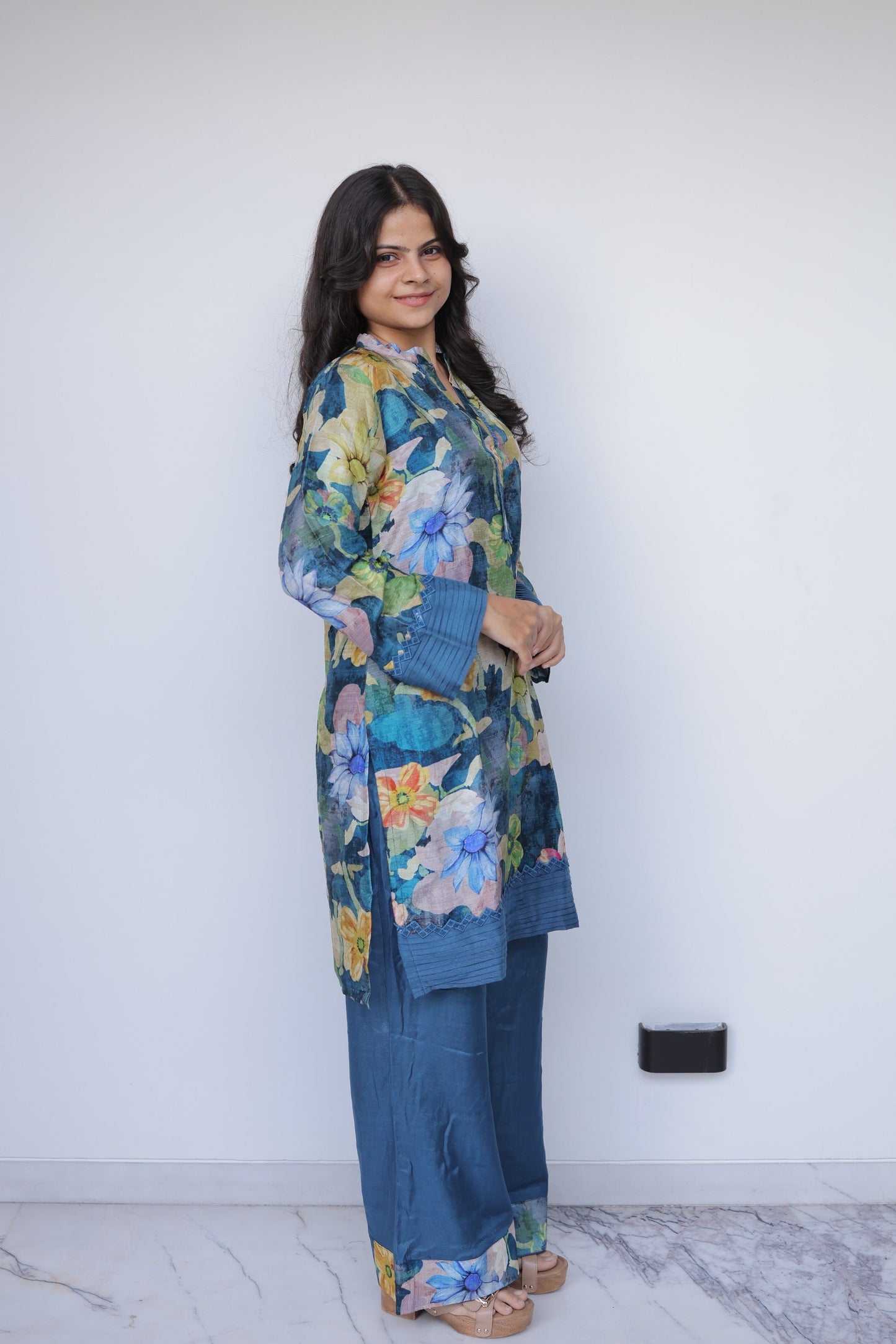 Azure Abstract Floral Co-ord Set with Lace Detailing