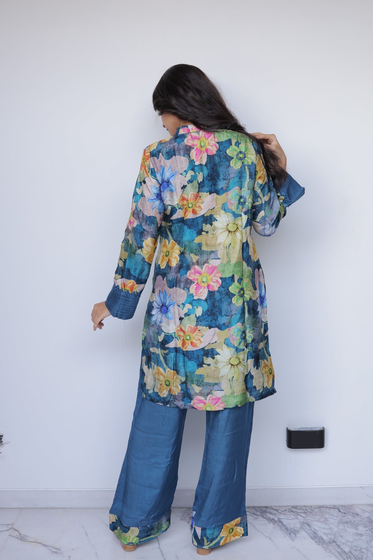 Azure Abstract Floral Co-ord Set with Lace Detailing