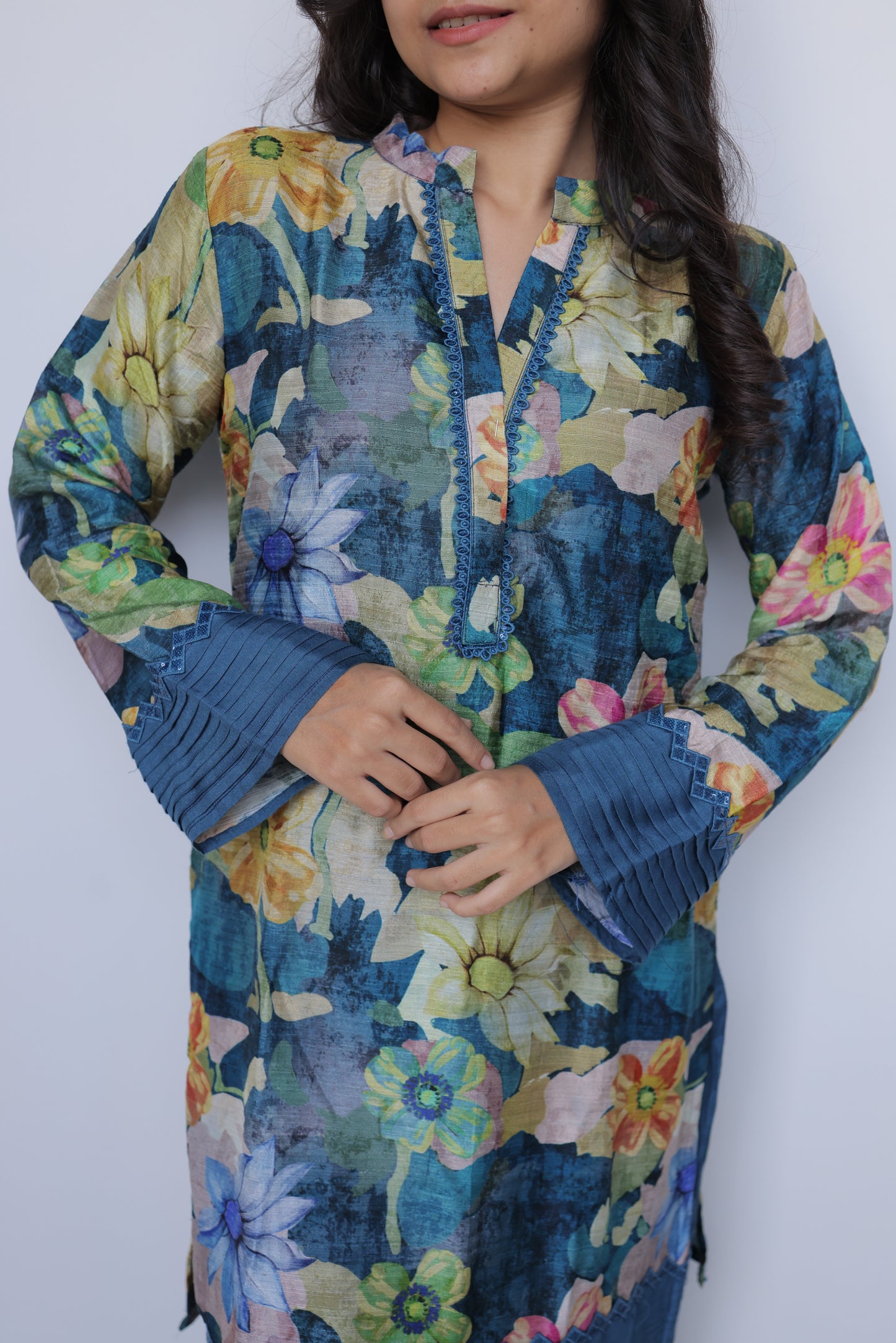 Azure Abstract Floral Co-ord Set with Lace Detailing