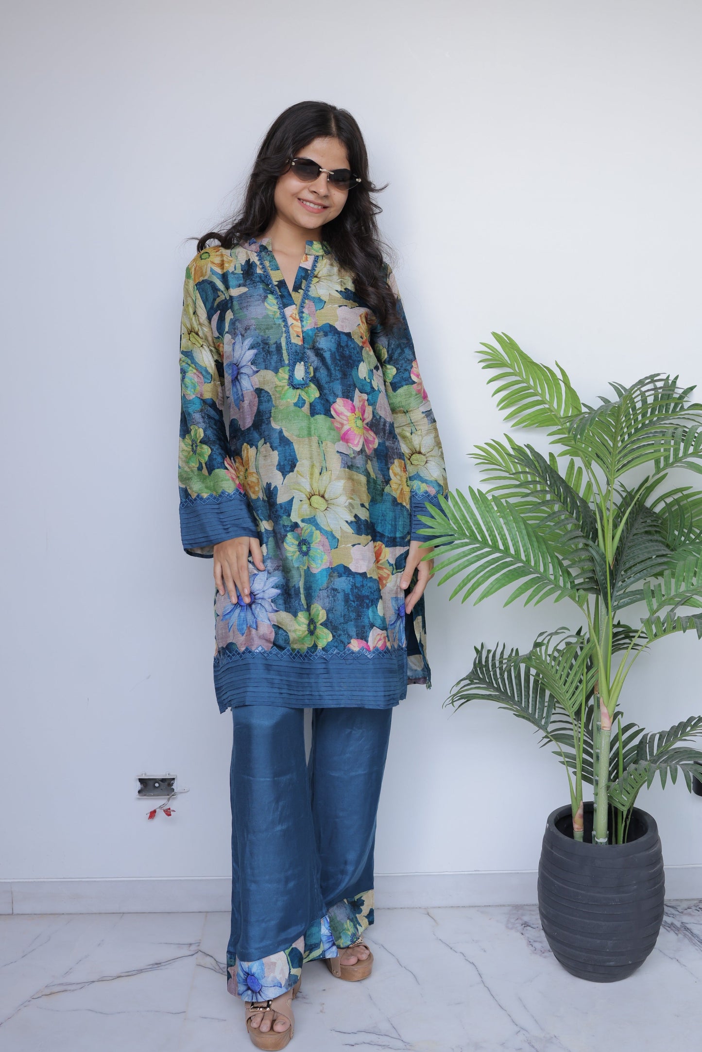 Azure Abstract Floral Co-ord Set with Lace Detailing