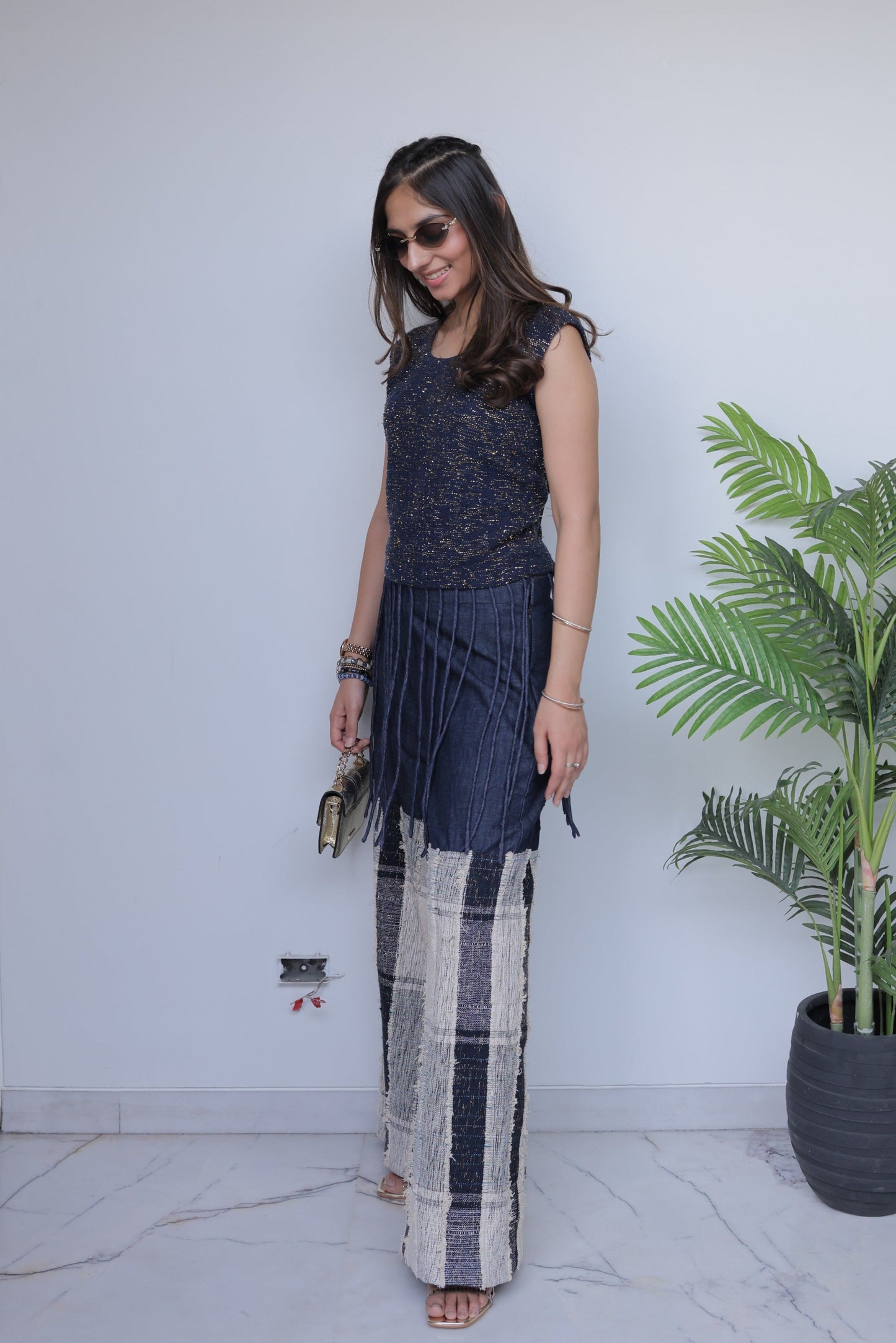 Gold Sequin Jute Top & Textured Patchwork Denim Co-ord Set