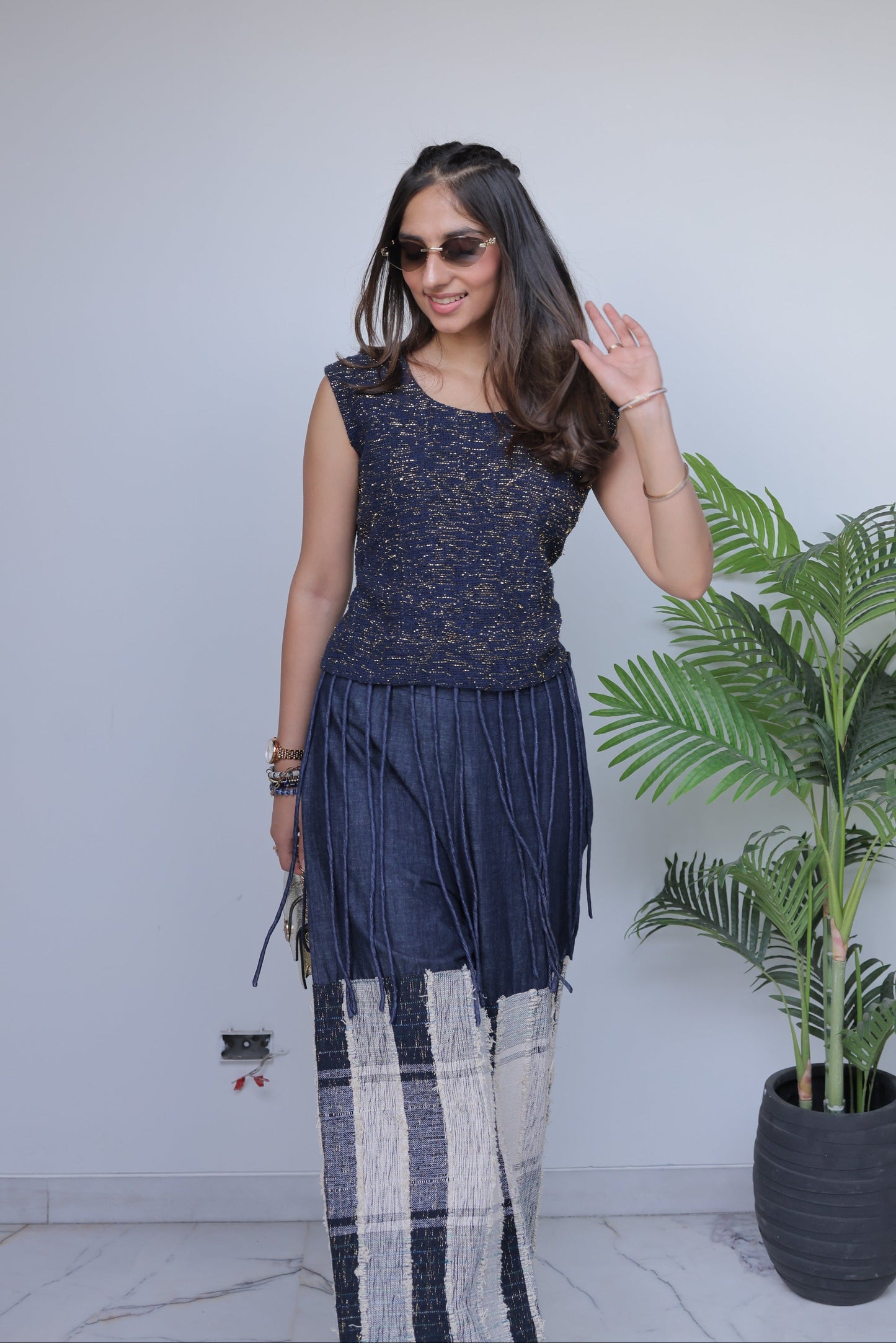 Gold Sequin Jute Top & Textured Patchwork Denim Co-ord Set