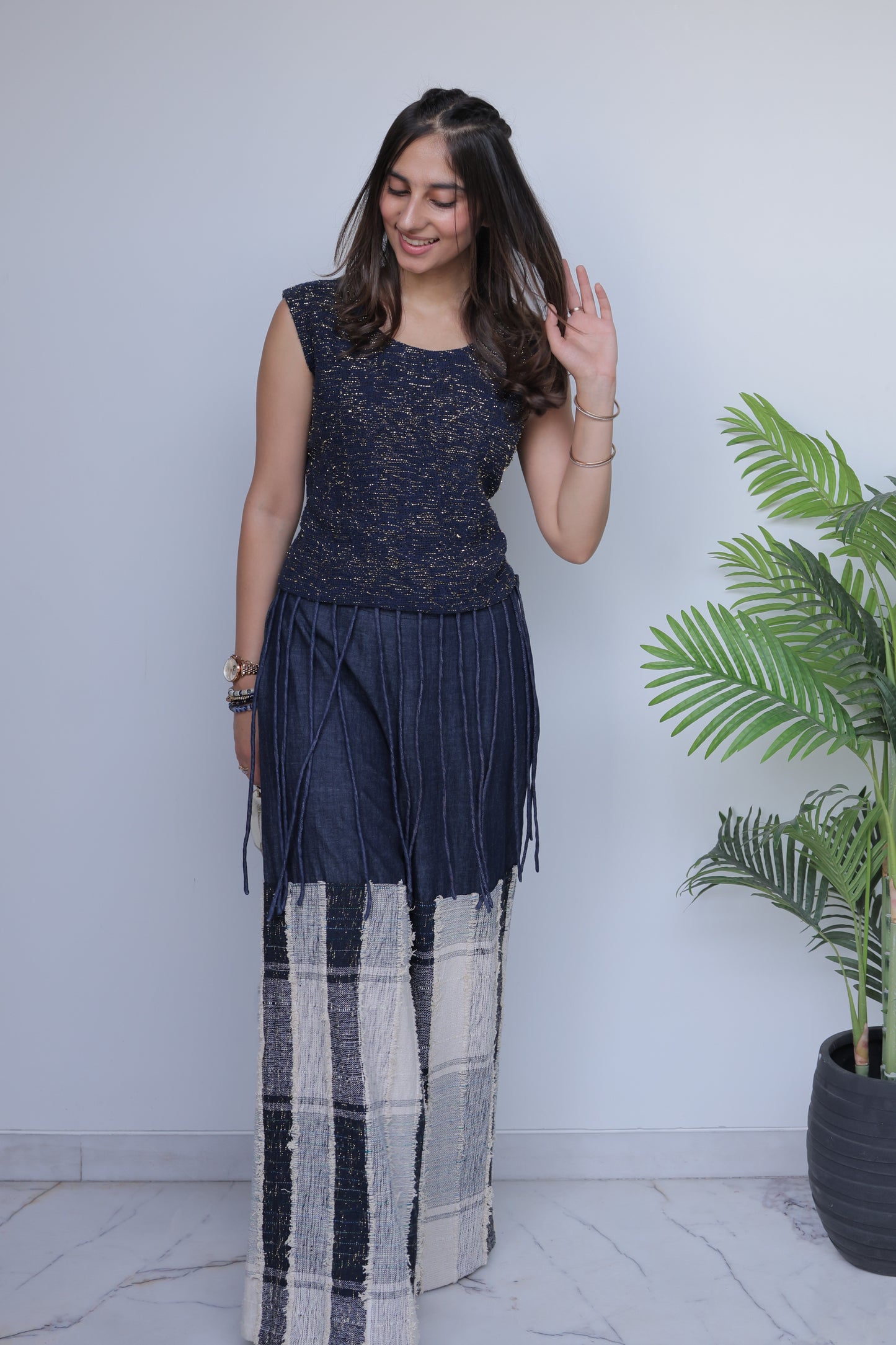 Gold Sequin Jute Top & Textured Patchwork Denim Co-ord Set