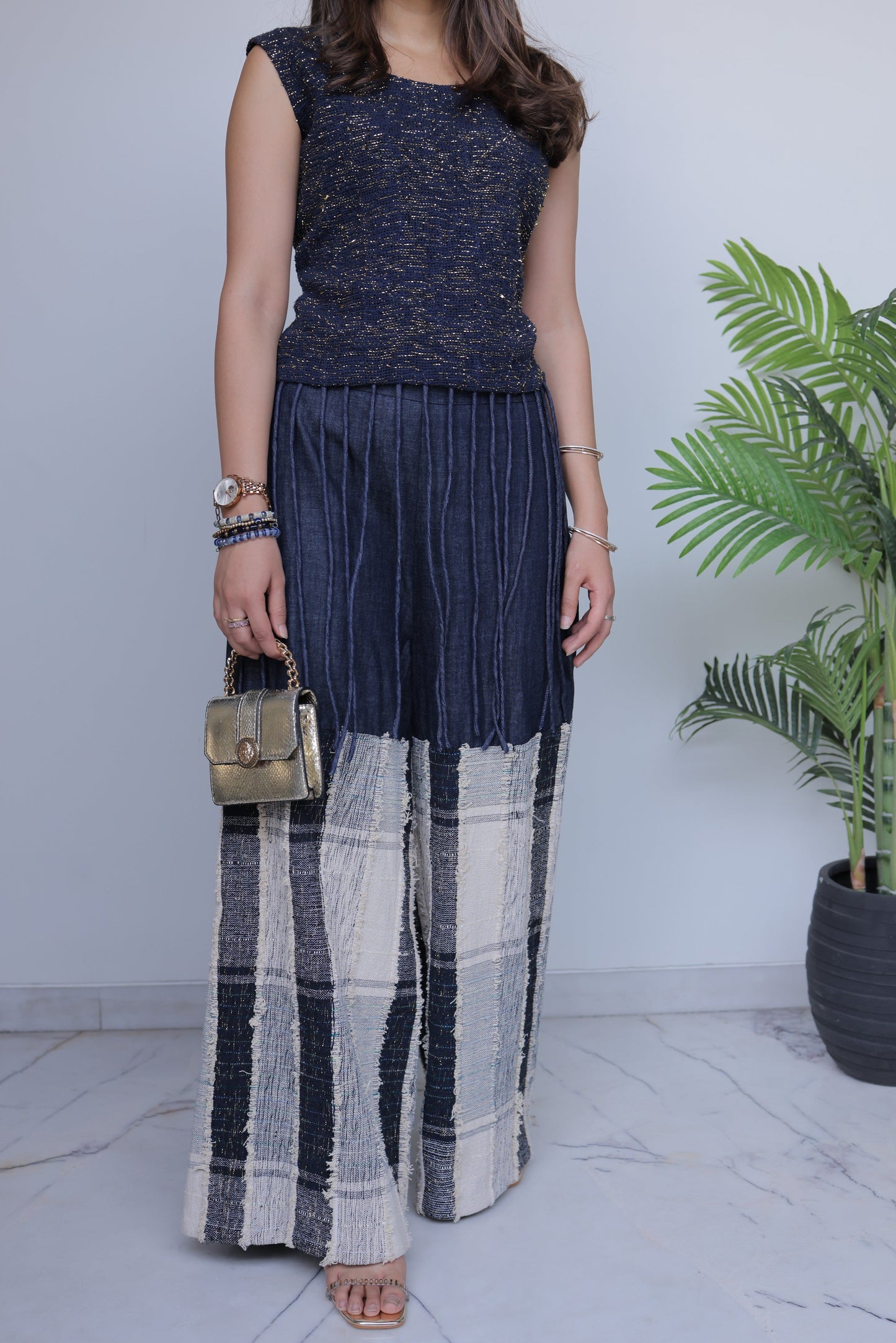 Gold Sequin Jute Top & Textured Patchwork Denim Co-ord Set