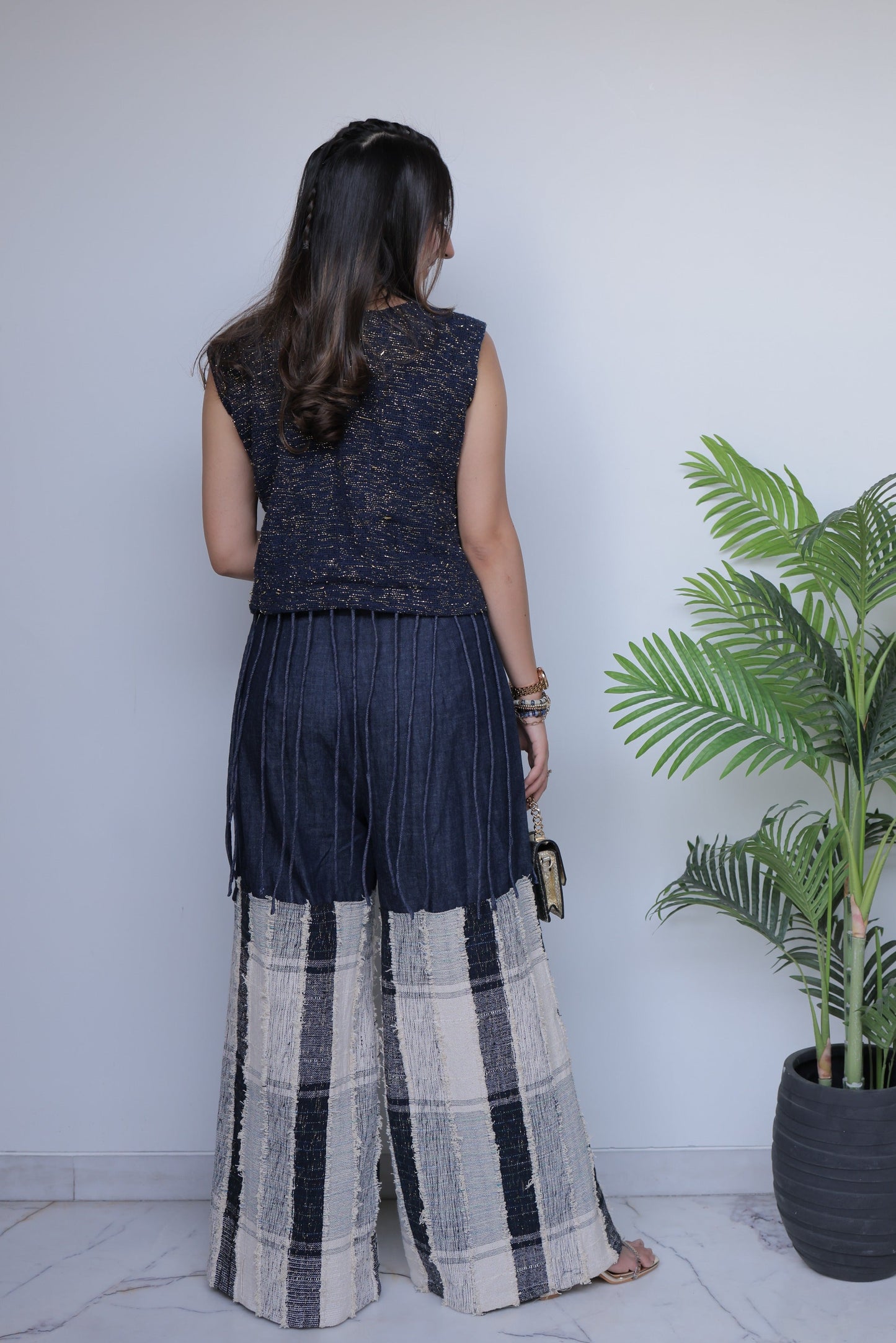 Gold Sequin Jute Top & Textured Patchwork Denim Co-ord Set