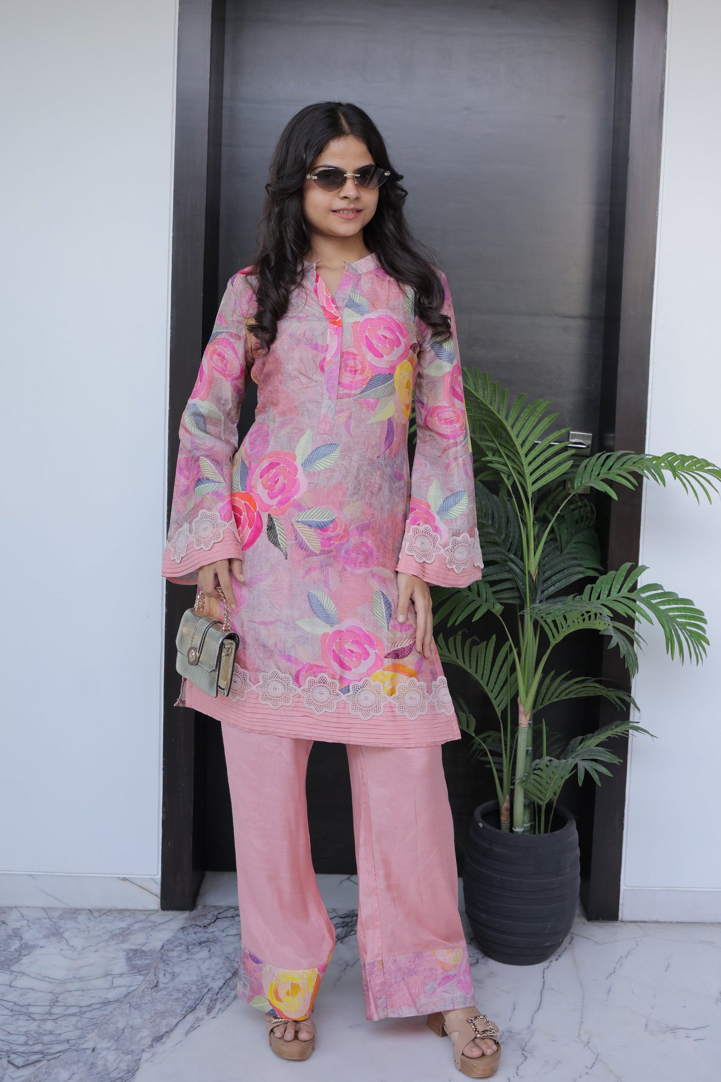 Rose Floral Co-ord Set with Pleated Lace Hem