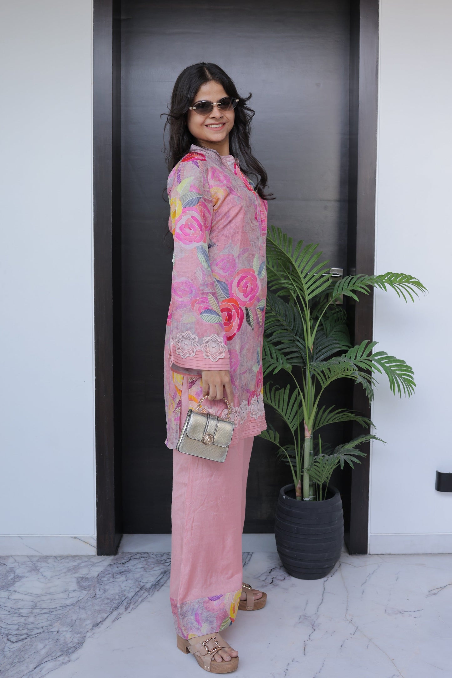 Rose Floral Co-ord Set with Pleated Lace Hem