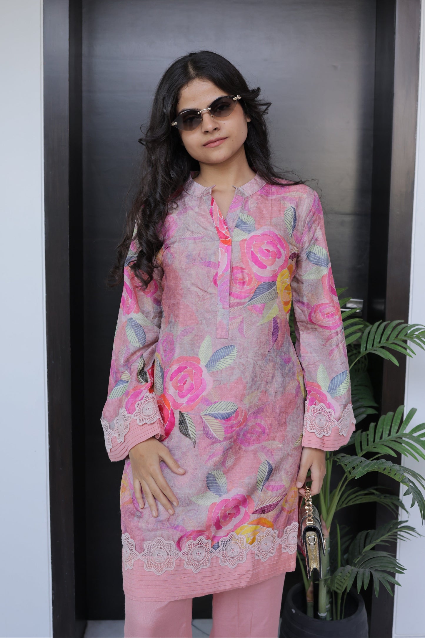 Rose Floral Co-ord Set with Pleated Lace Hem