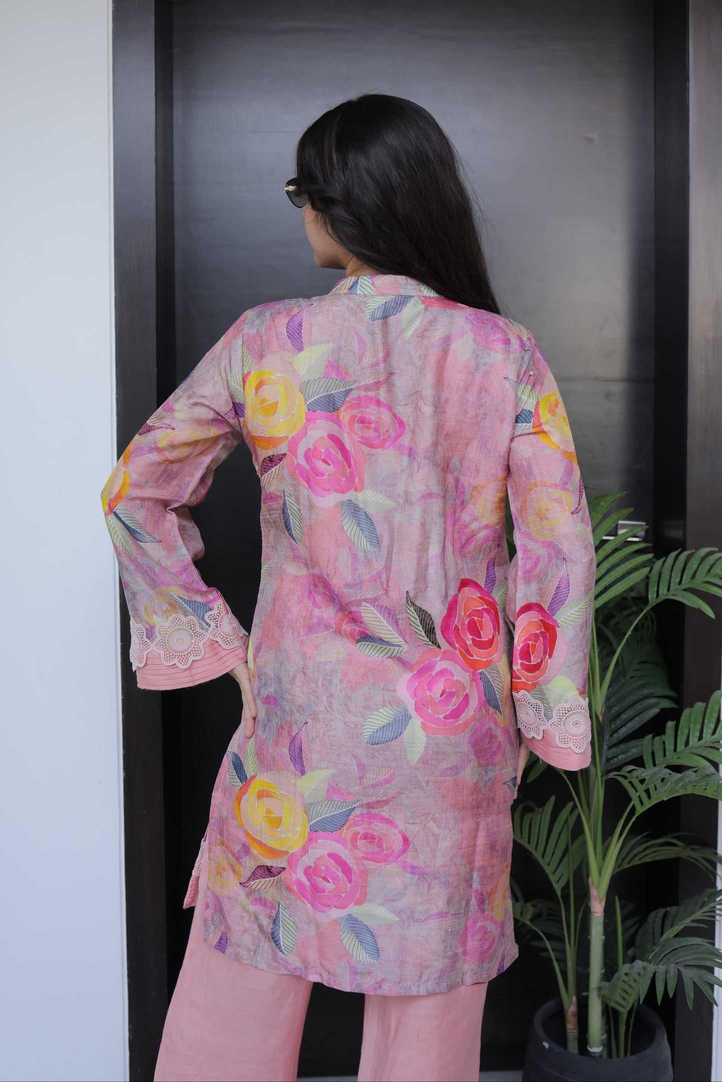 Rose Floral Co-ord Set with Pleated Lace Hem