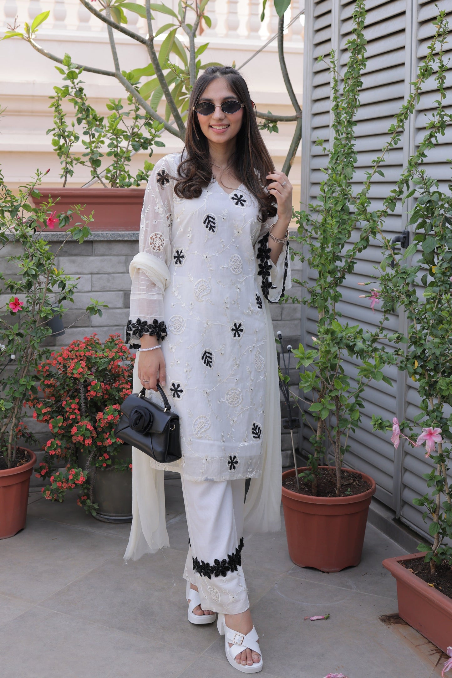 Monochrome Kashi Chanderi Suit Set with Beaded Applique