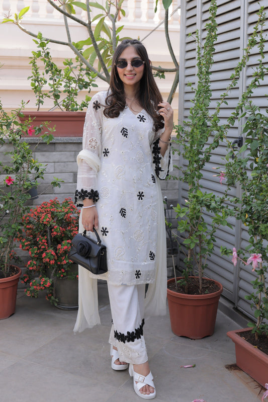 Monochrome Kashi Chanderi Suit Set with Beaded Applique