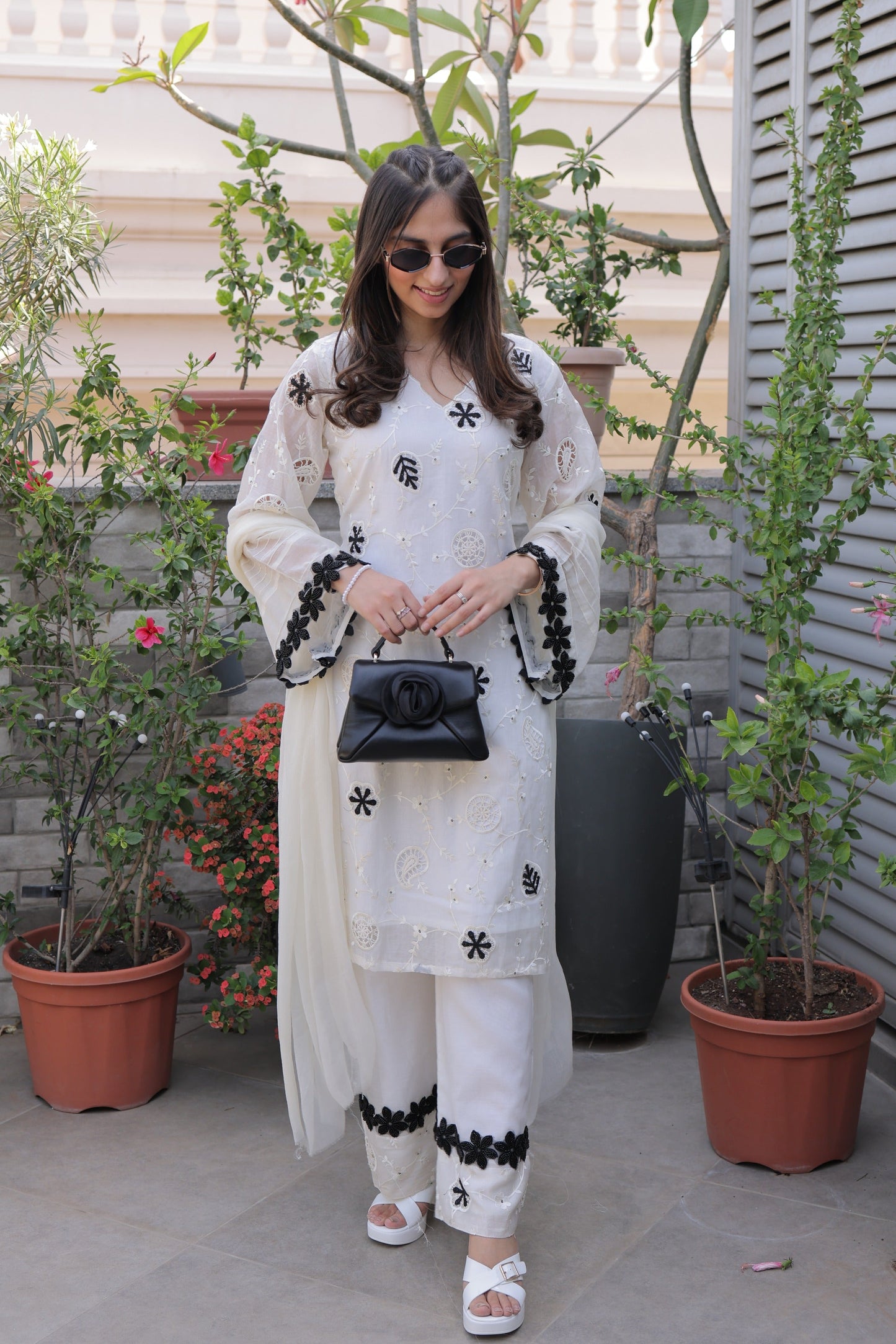 Monochrome Kashi Chanderi Suit Set with Beaded Applique