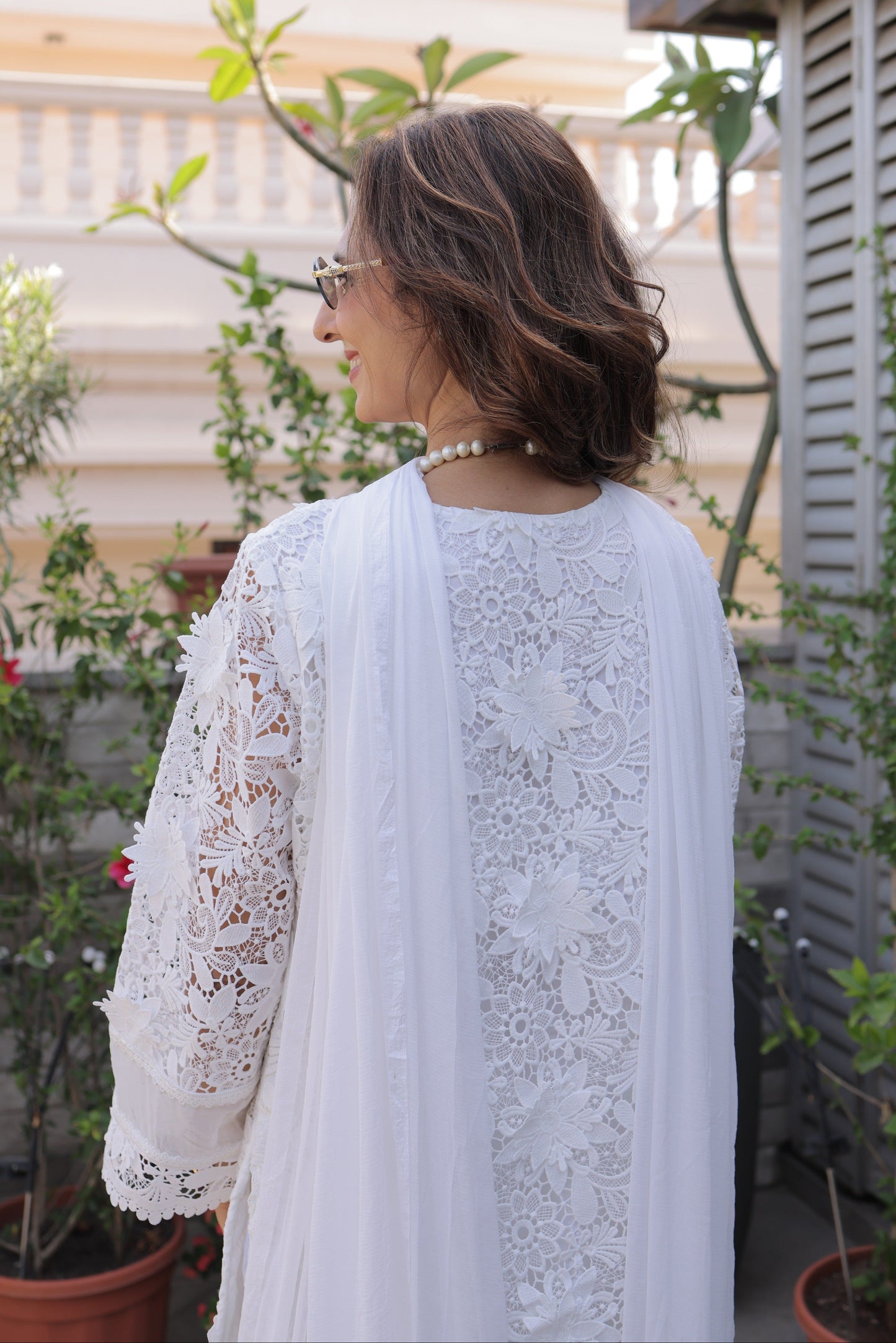 Ivory Cutwork Floral Applique Suit Set with Chiffon Dupatta