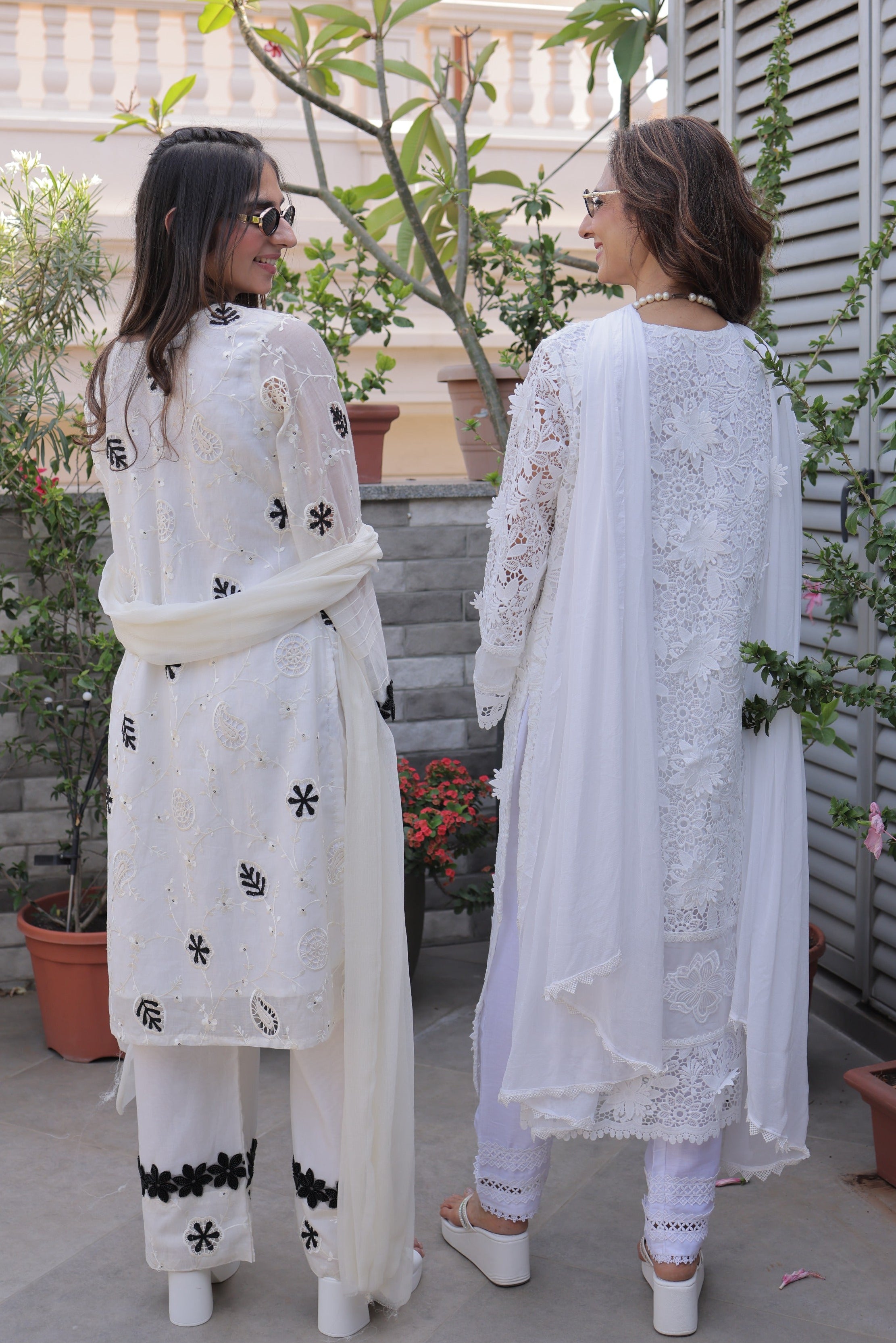 Ivory Cutwork Floral Applique Suit Set with Chiffon Dupatta Ivory Cutwork Floral Applique Suit Set with Chiffon Dupatta