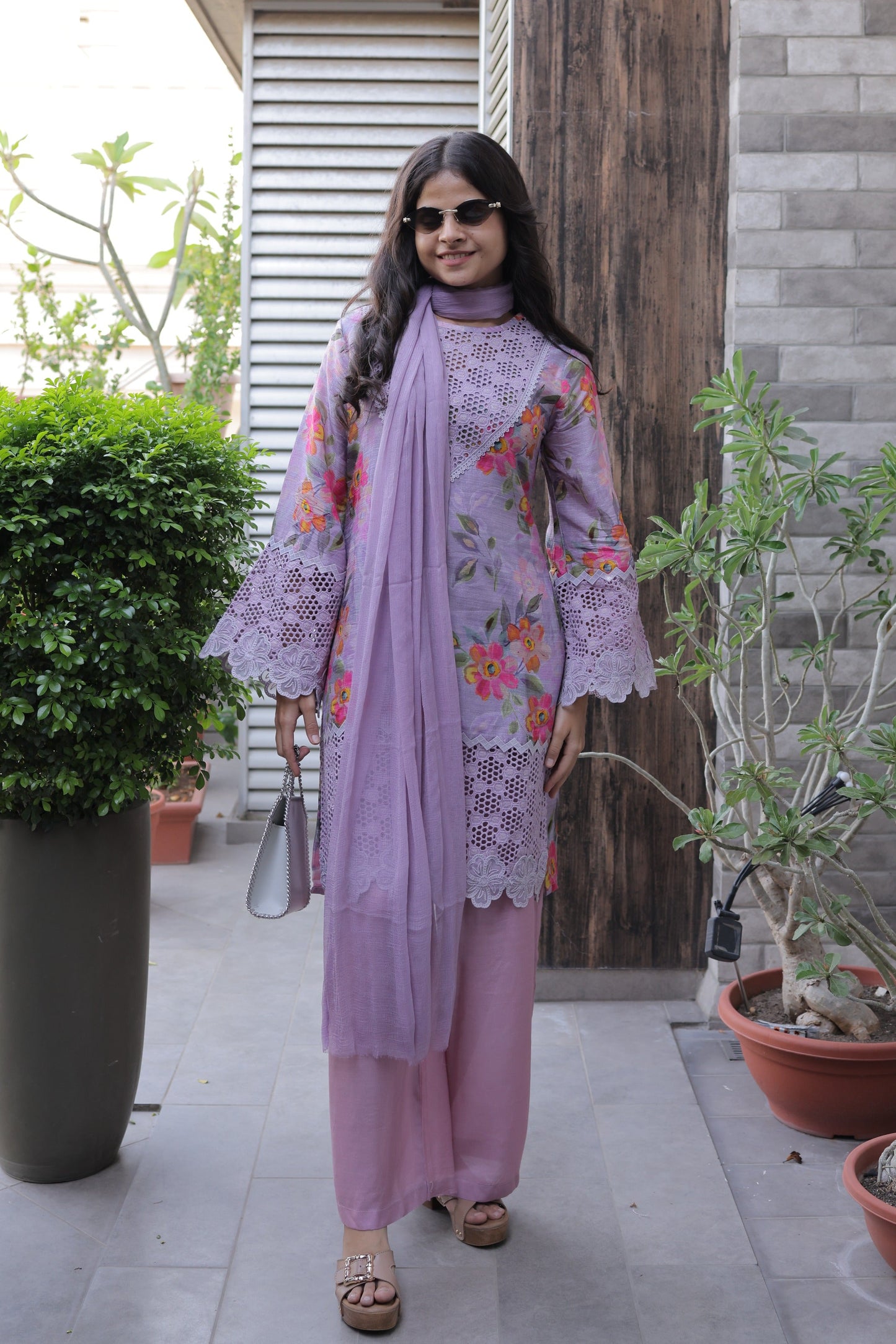 Lavender Floral & Schiffli Co-ord Set with Chiffon Dupatta