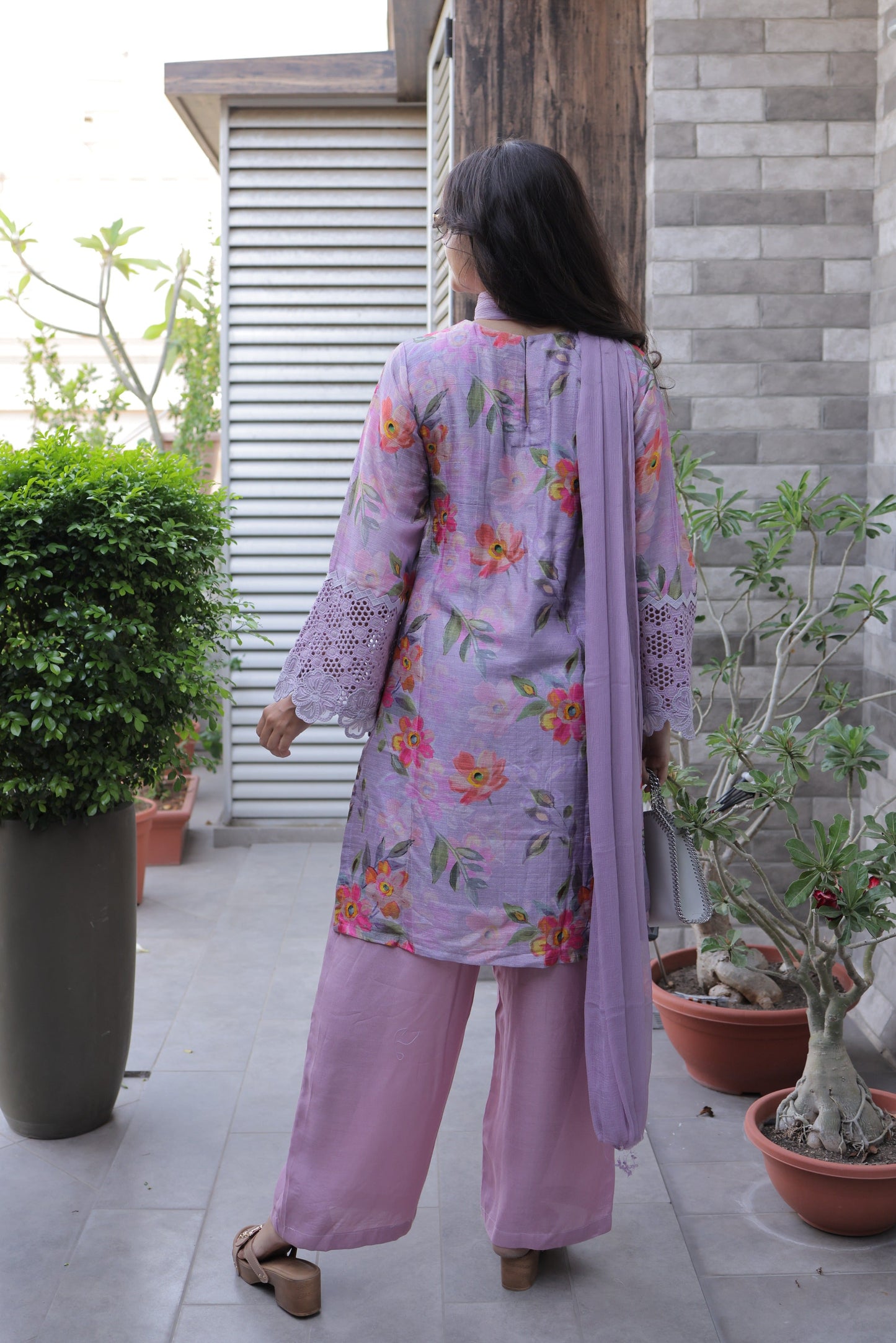 Lavender Floral & Schiffli Co-ord Set with Chiffon Dupatta