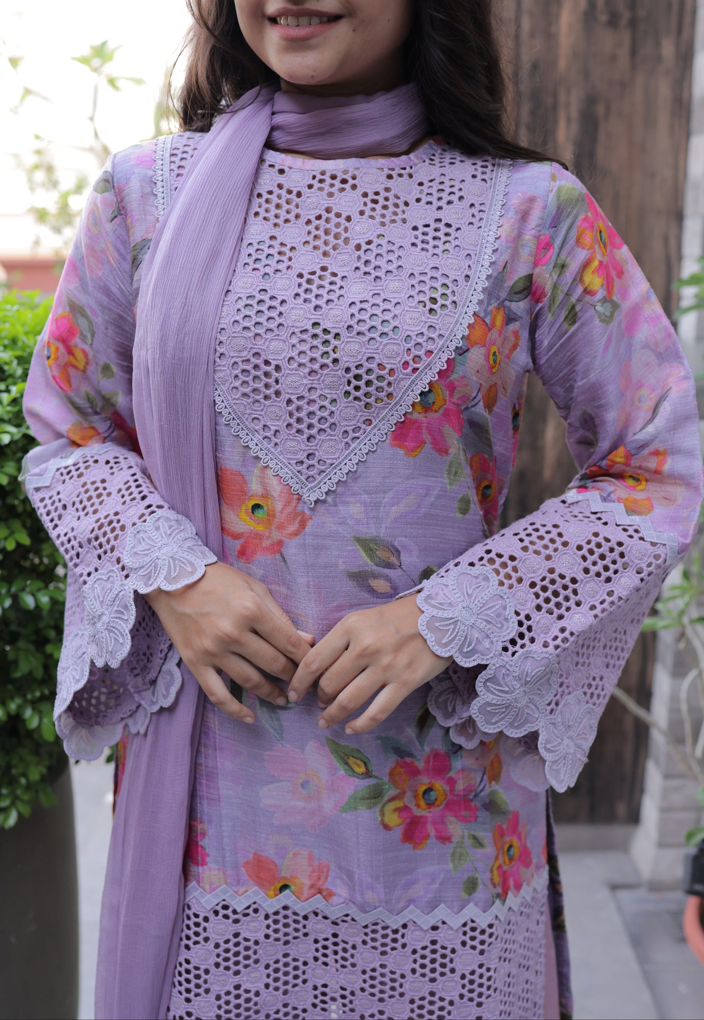 Lavender Floral & Schiffli Co-ord Set with Chiffon Dupatta