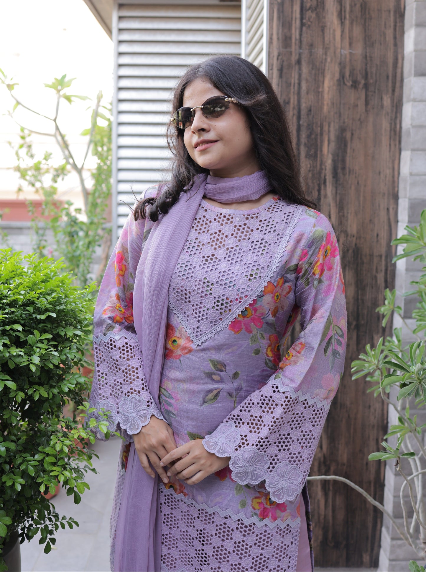 Lavender Floral & Schiffli Co-ord Set with Chiffon Dupatta