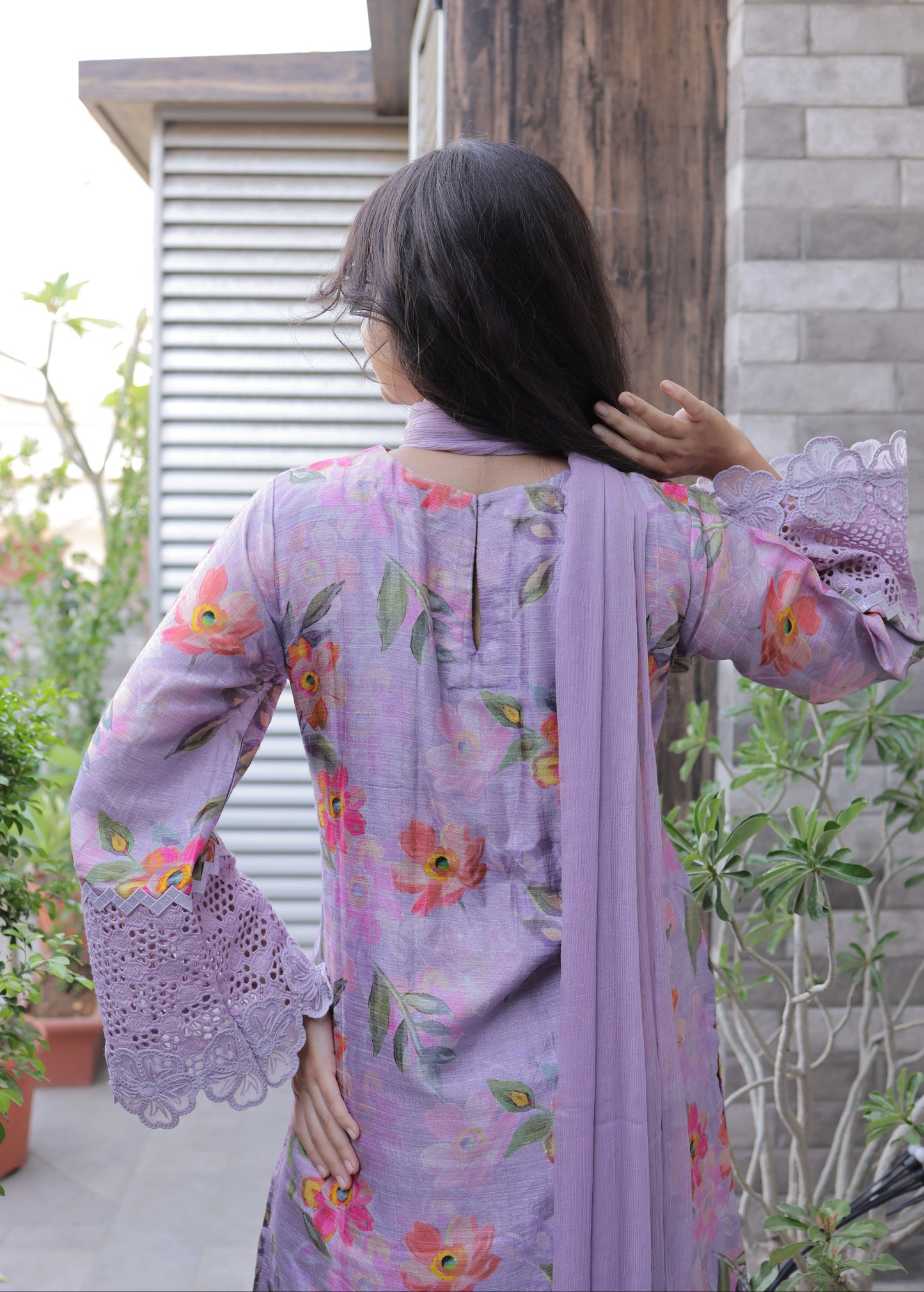 Lavender Floral & Schiffli Co-ord Set with Chiffon Dupatta