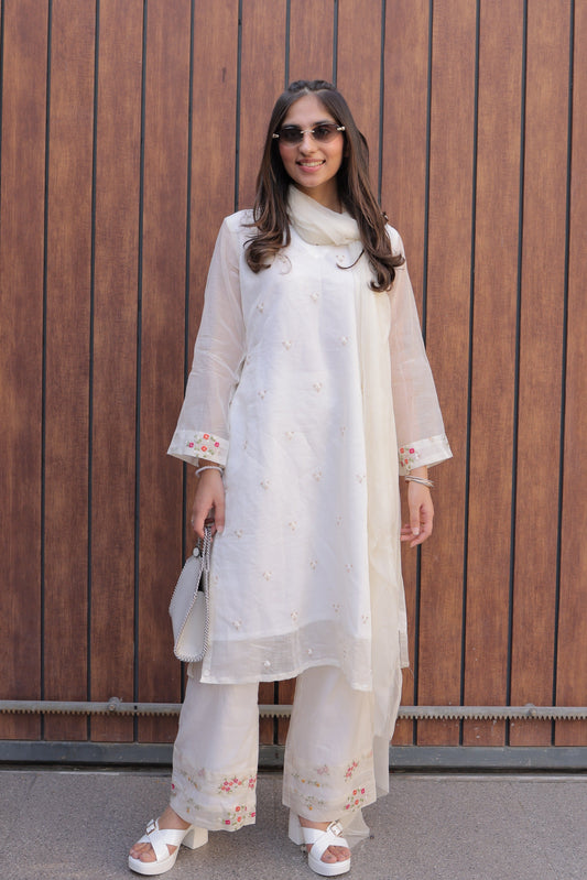 Off-White Kashi Chanderi Beaded Handwork Suit Set
