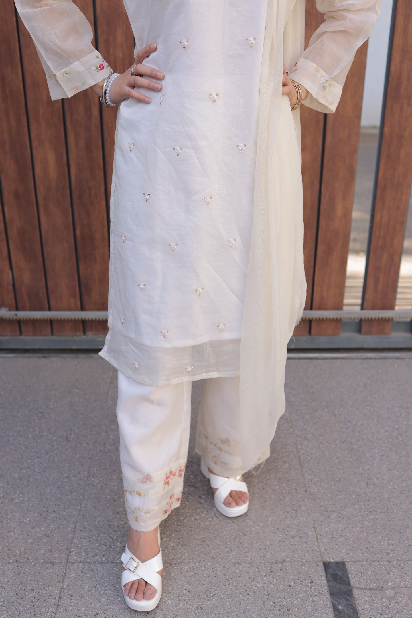 Off-White Kashi Chanderi Beaded Handwork Suit Set