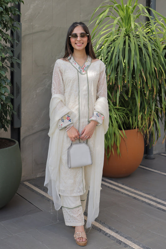 Ivory Schiffli Halter-Neck Suit Set with Embroidered Panel