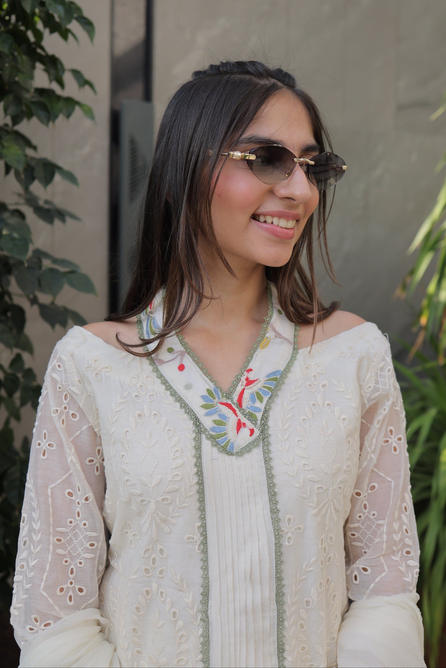Ivory Schiffli Halter-Neck Suit Set with Embroidered Panel