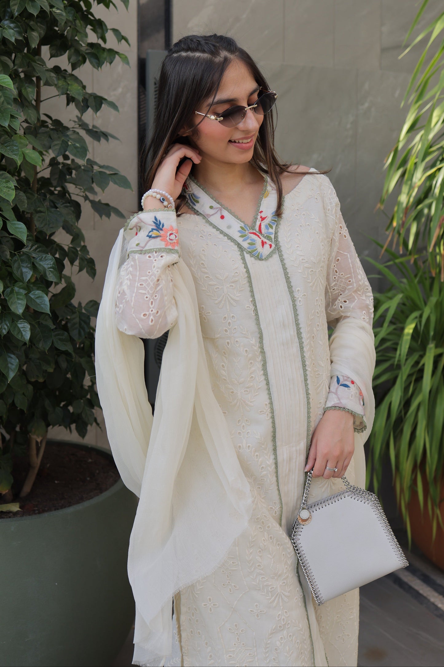 Ivory Schiffli Halter-Neck Suit Set with Embroidered Panel