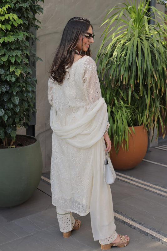 Ivory Schiffli Halter-Neck Suit Set with Embroidered Panel