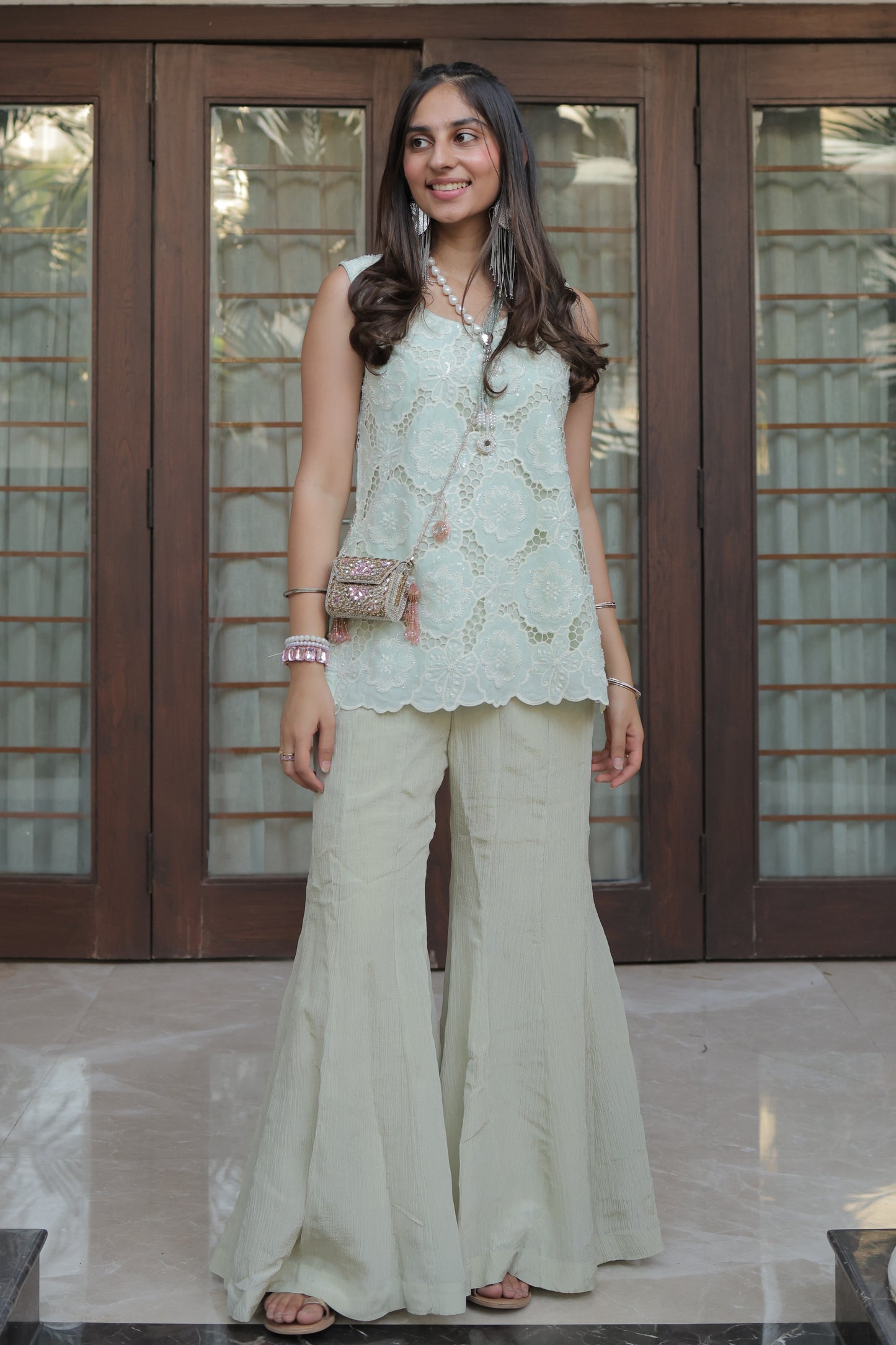 Floral Cutwork Short Kurti & Crushed Tissue Sharara Set
