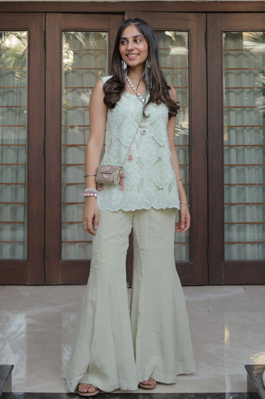Floral Cutwork Short Kurti & Crushed Tissue Sharara Set