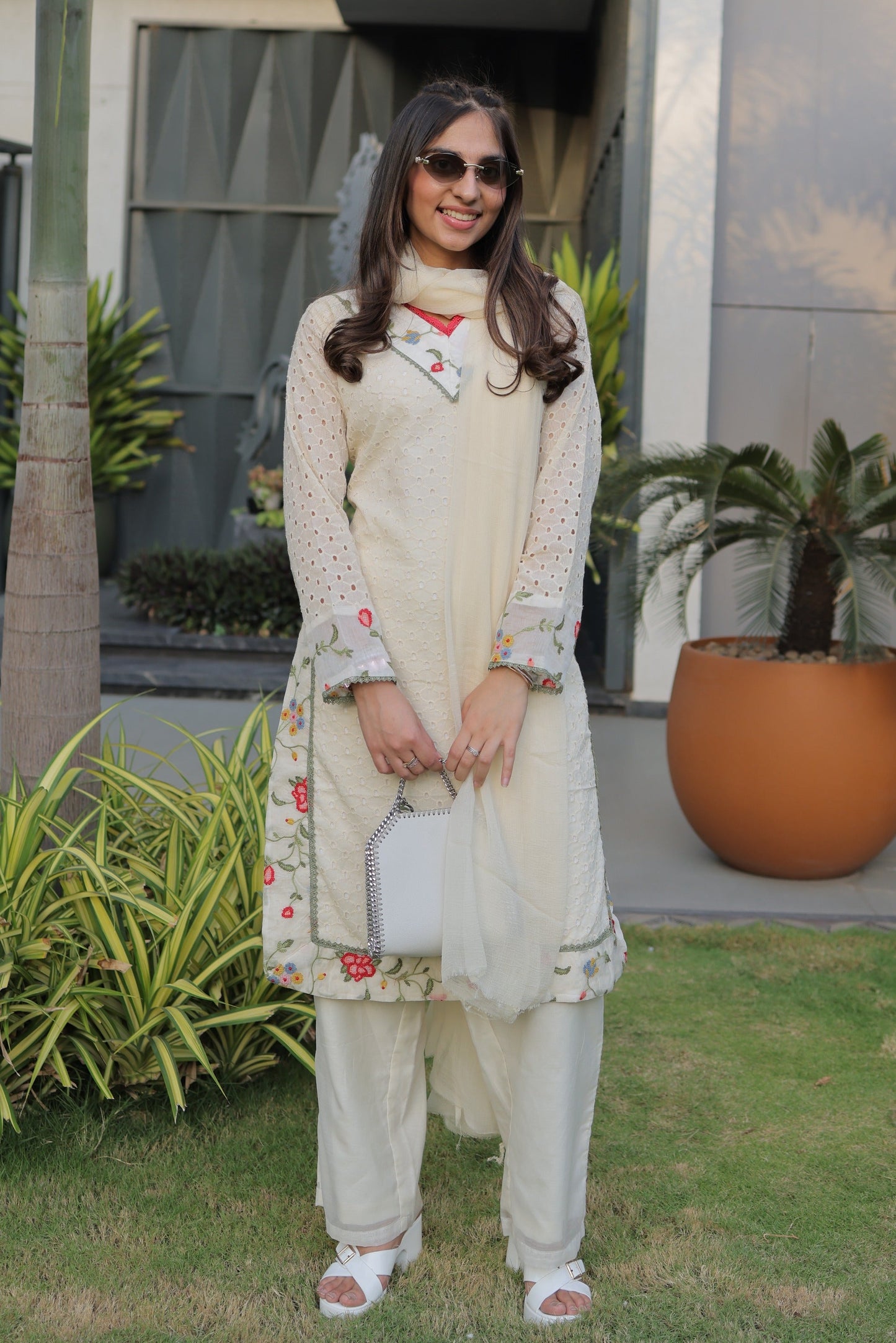 Ivory Schiffli Suit Set with Multicolor V-Neck and Floral Hem