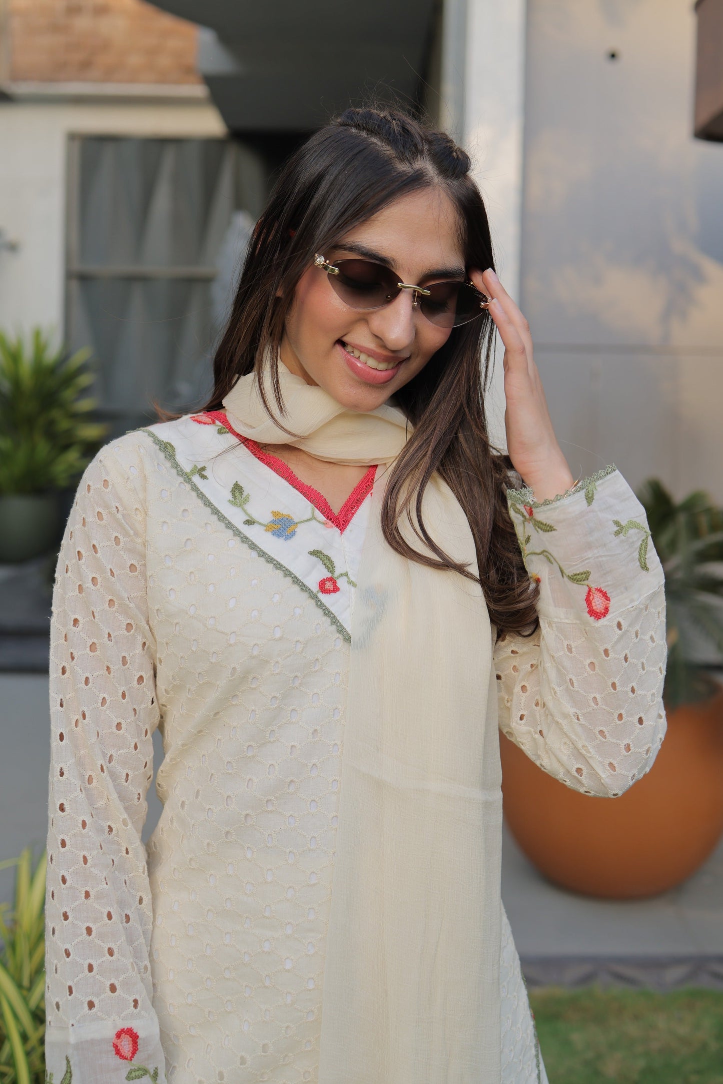Ivory Schiffli Suit Set with Multicolor V-Neck and Floral Hem
