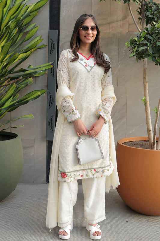 Ivory Schiffli Suit Set with Multicolor V-Neck and Floral Hem