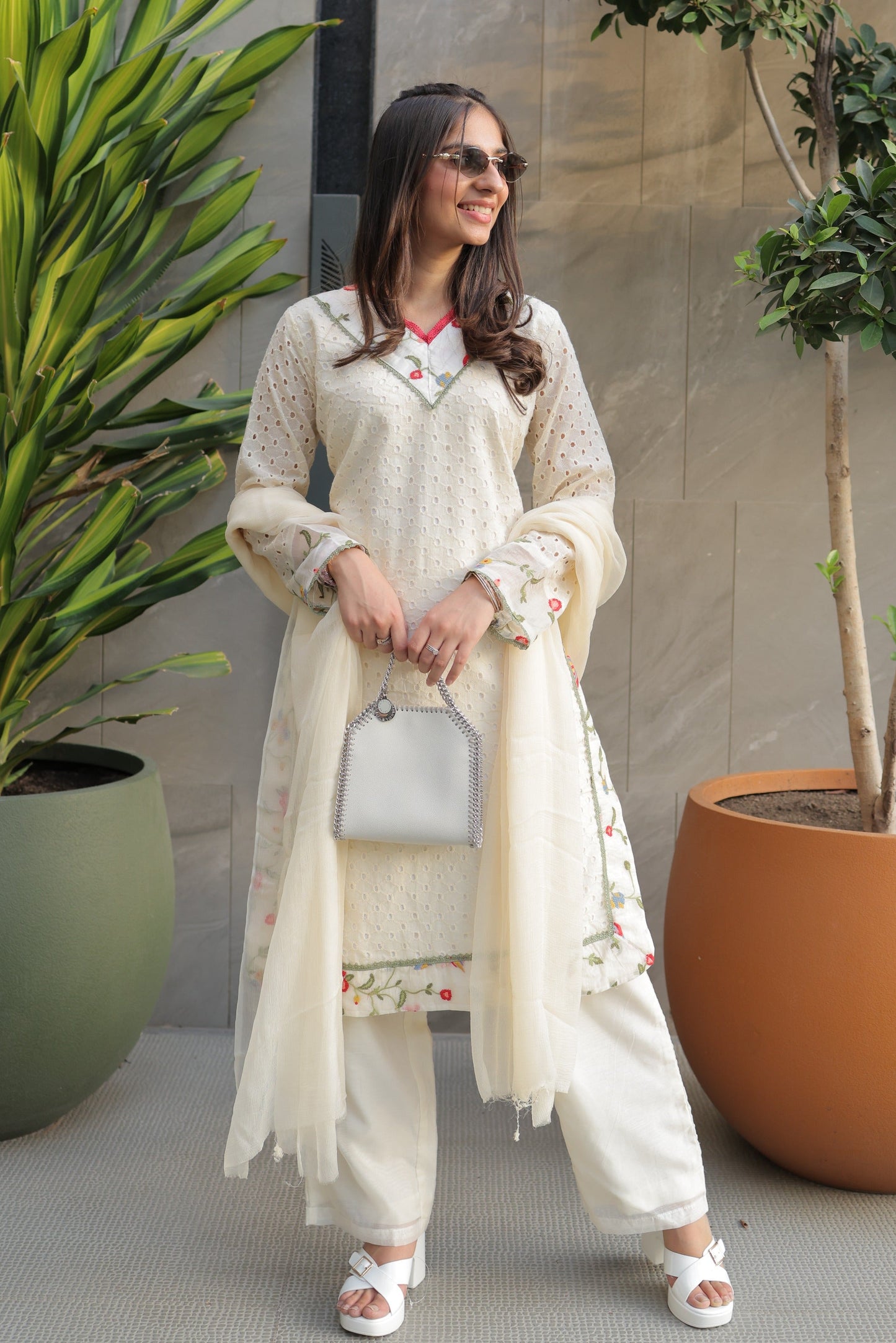 Ivory Schiffli Suit Set with Multicolor V-Neck and Floral Hem