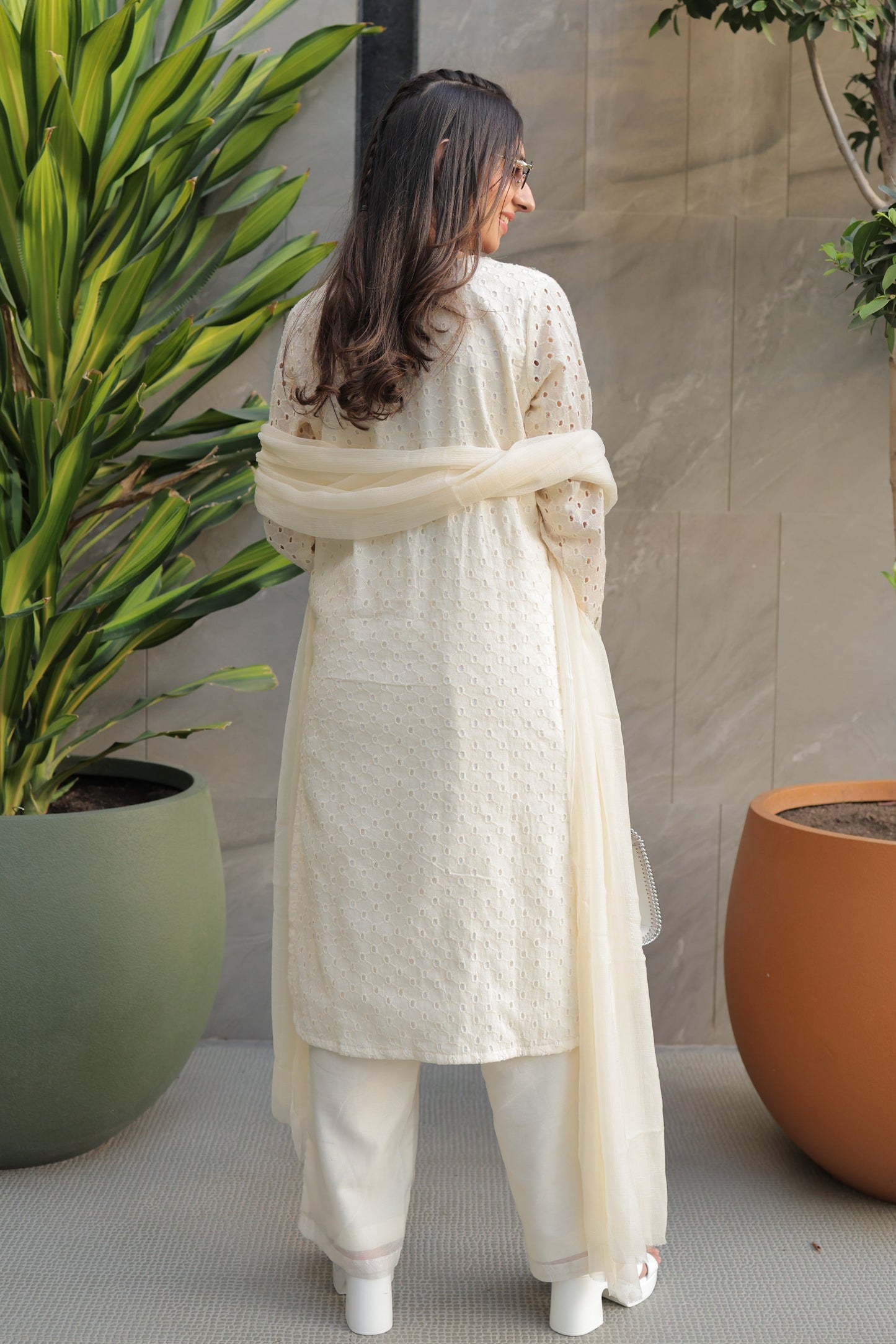 Ivory Schiffli Suit Set with Multicolor V-Neck and Floral Hem